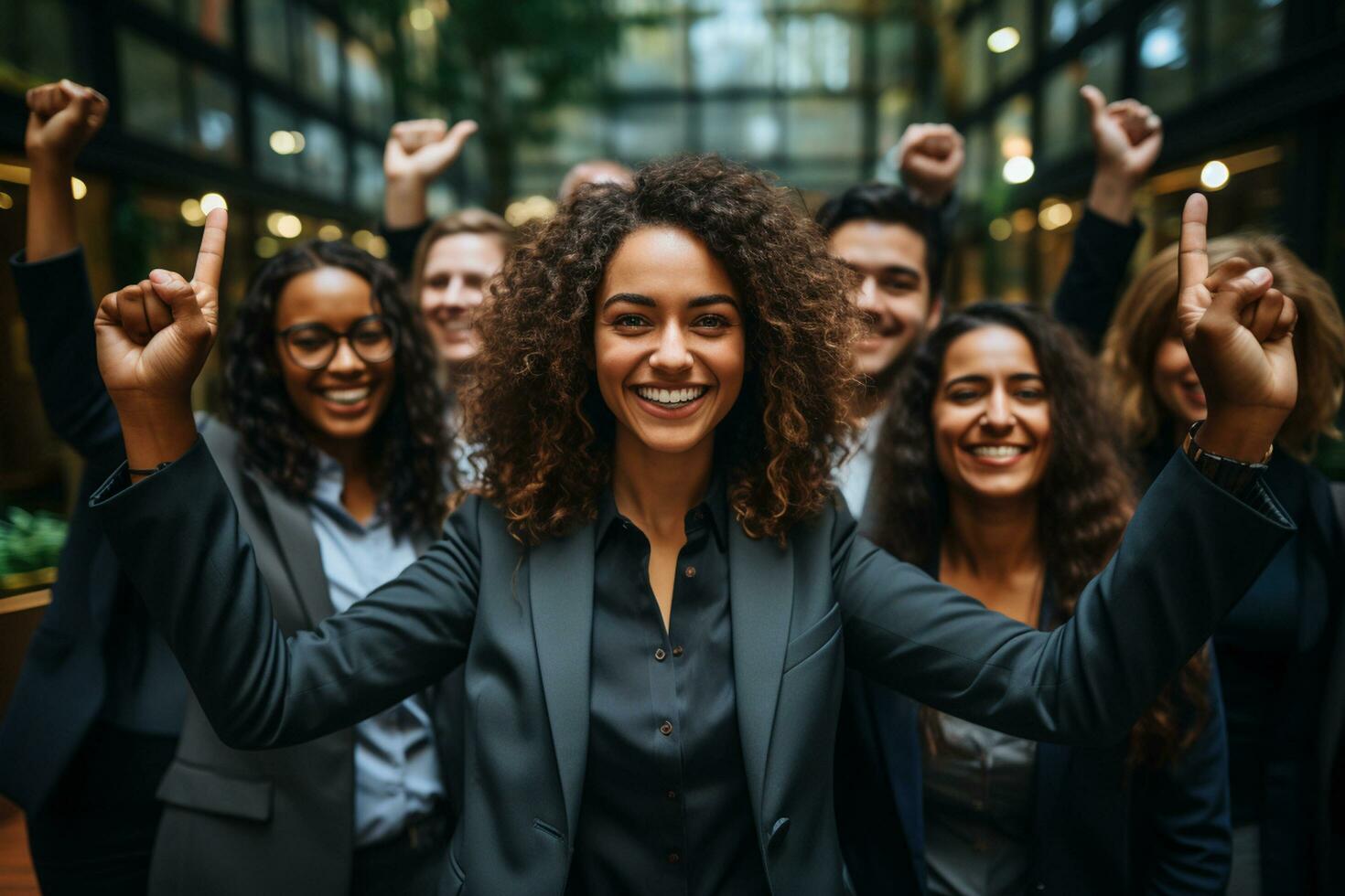 ai generatief groep van gelukkig bedrijf Mens en bedrijf Dames, gekleed in pakken zijn lachend, in de kantoor foto