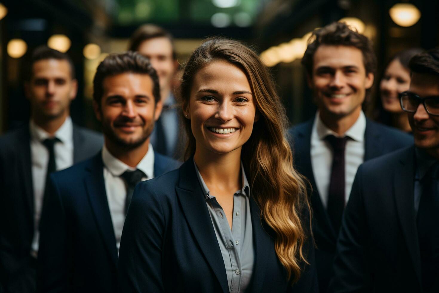 ai generatief groep van gelukkig bedrijf Mens en bedrijf Dames, gekleed in pakken zijn lachend, in de kantoor foto