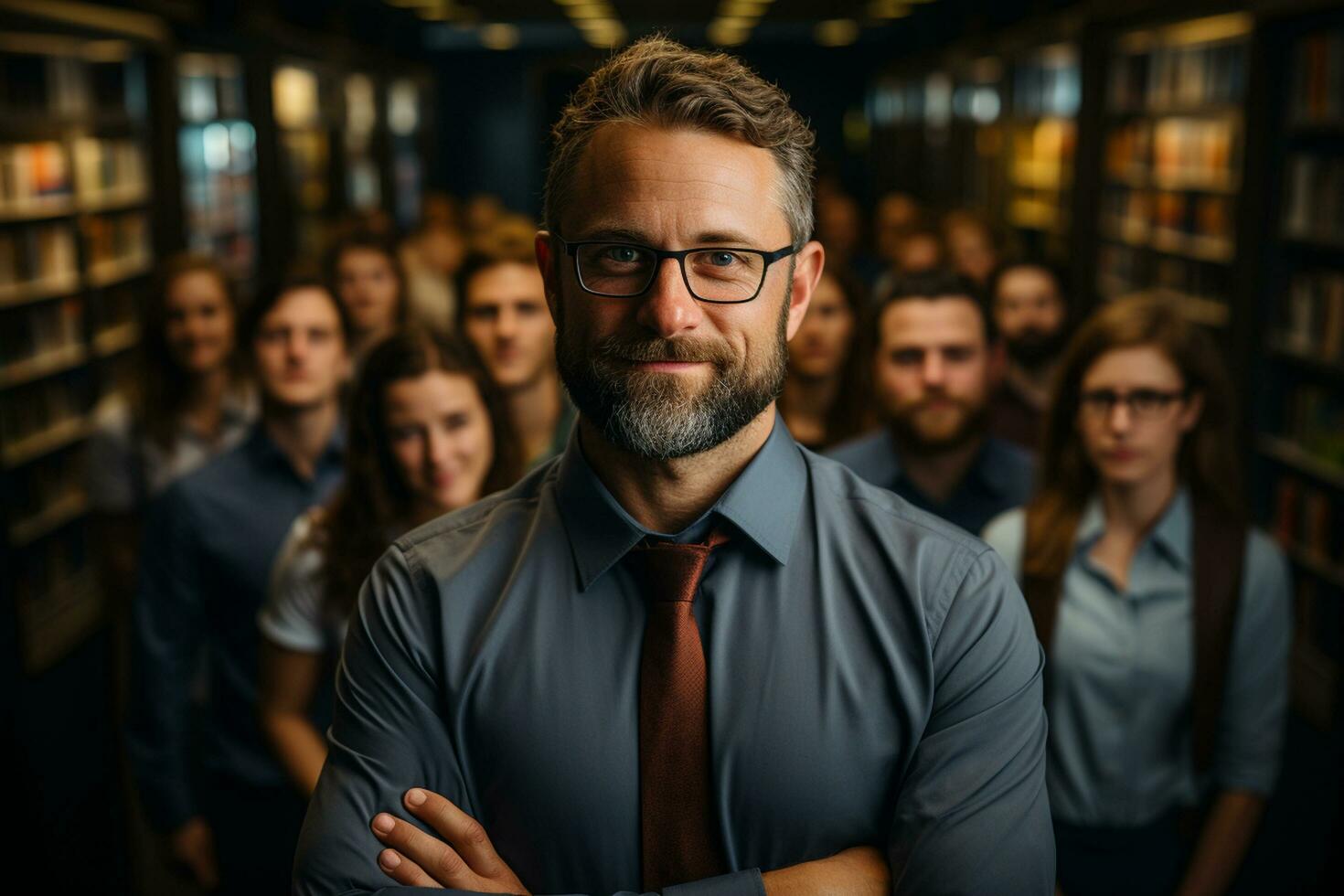 ai generatief groep van gelukkig bedrijf Mens en bedrijf Dames, gekleed in pakken zijn lachend, in de kantoor foto