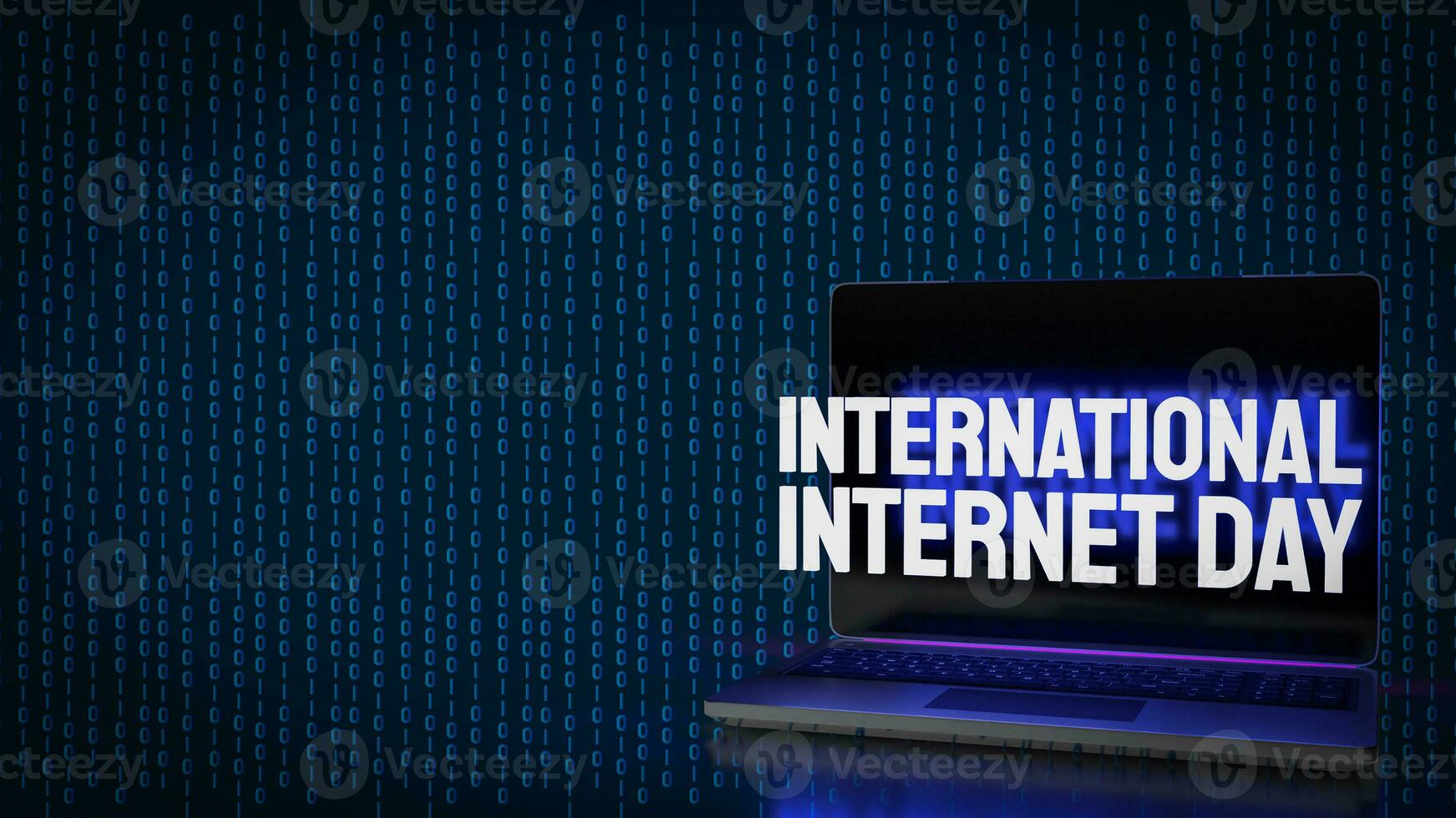 de goud tekst Aan Aan laptop voor Internationale internet dag 3d renderen foto