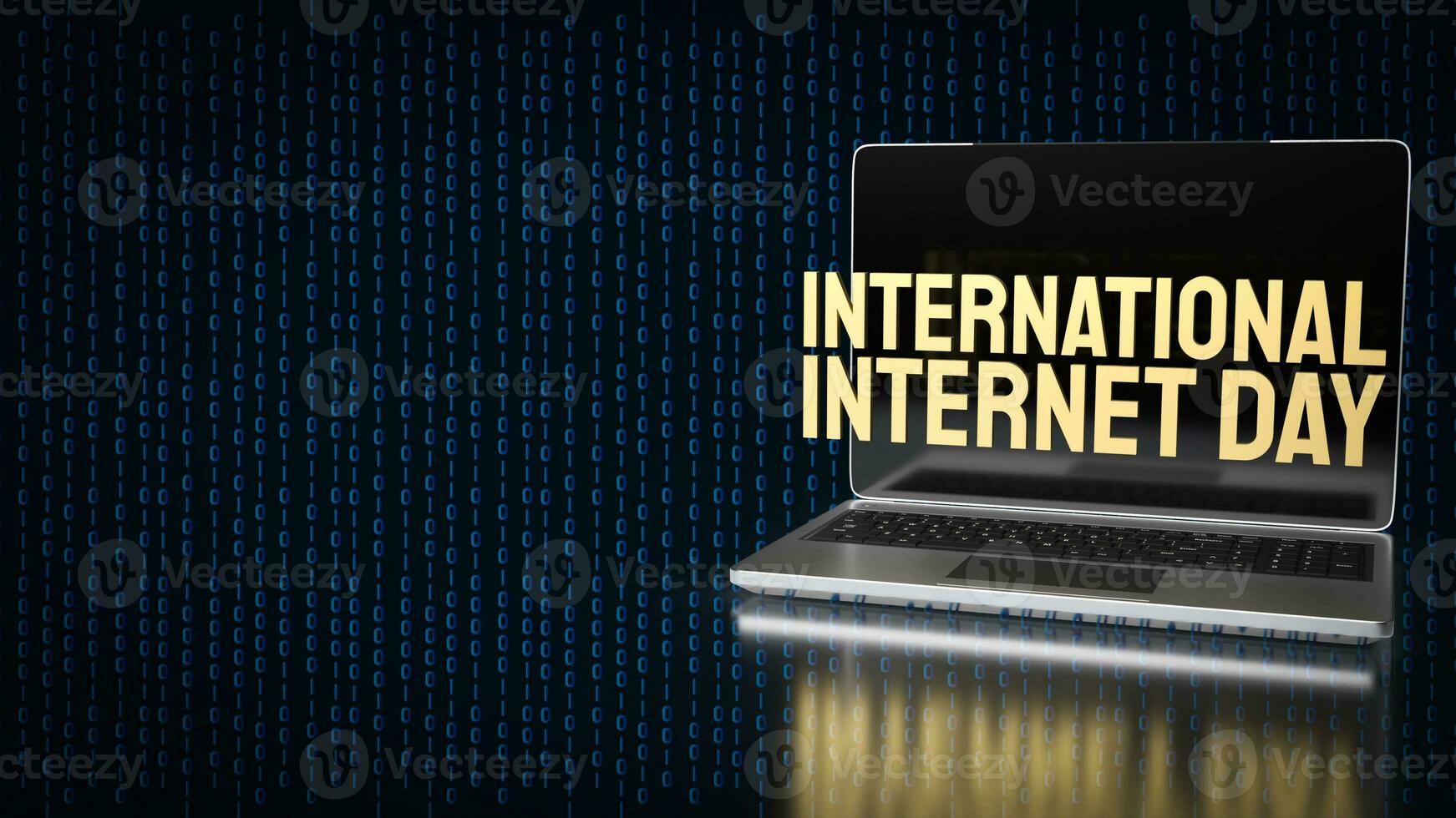 de goud tekst Aan Aan laptop voor Internationale internet dag 3d renderen foto