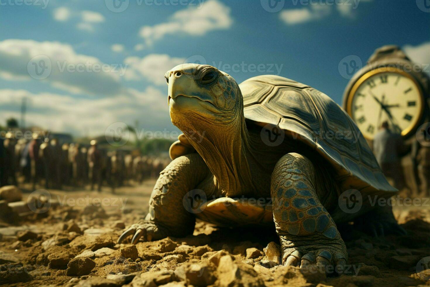 bedrijf lethargie afgebeeld, schildpad draagt klok, duimen langs weg, belichamen traagheid ai gegenereerd foto