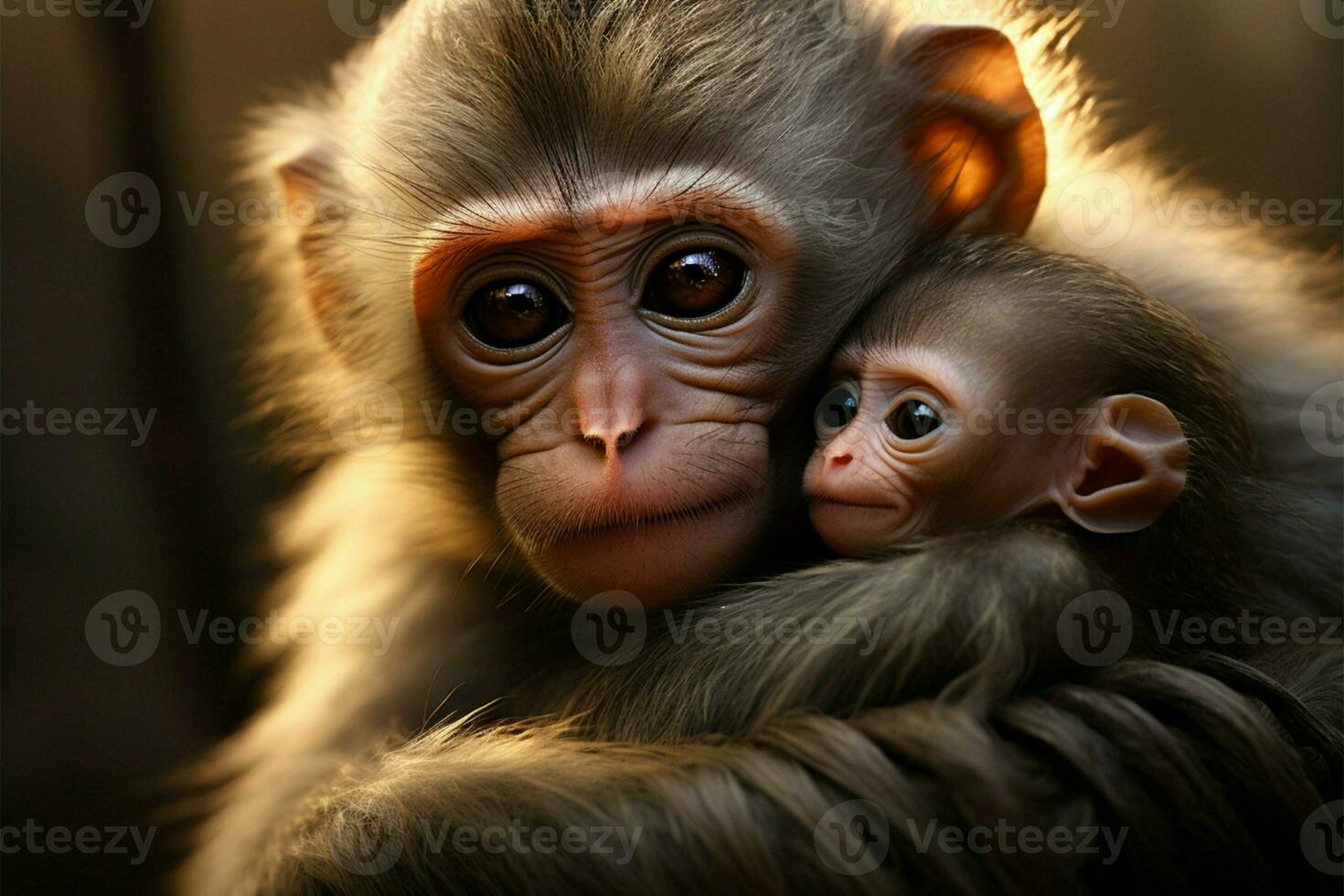 in liefhebbend armen, een aap moeder verzorgt haar kostbaar weinig een ai gegenereerd foto