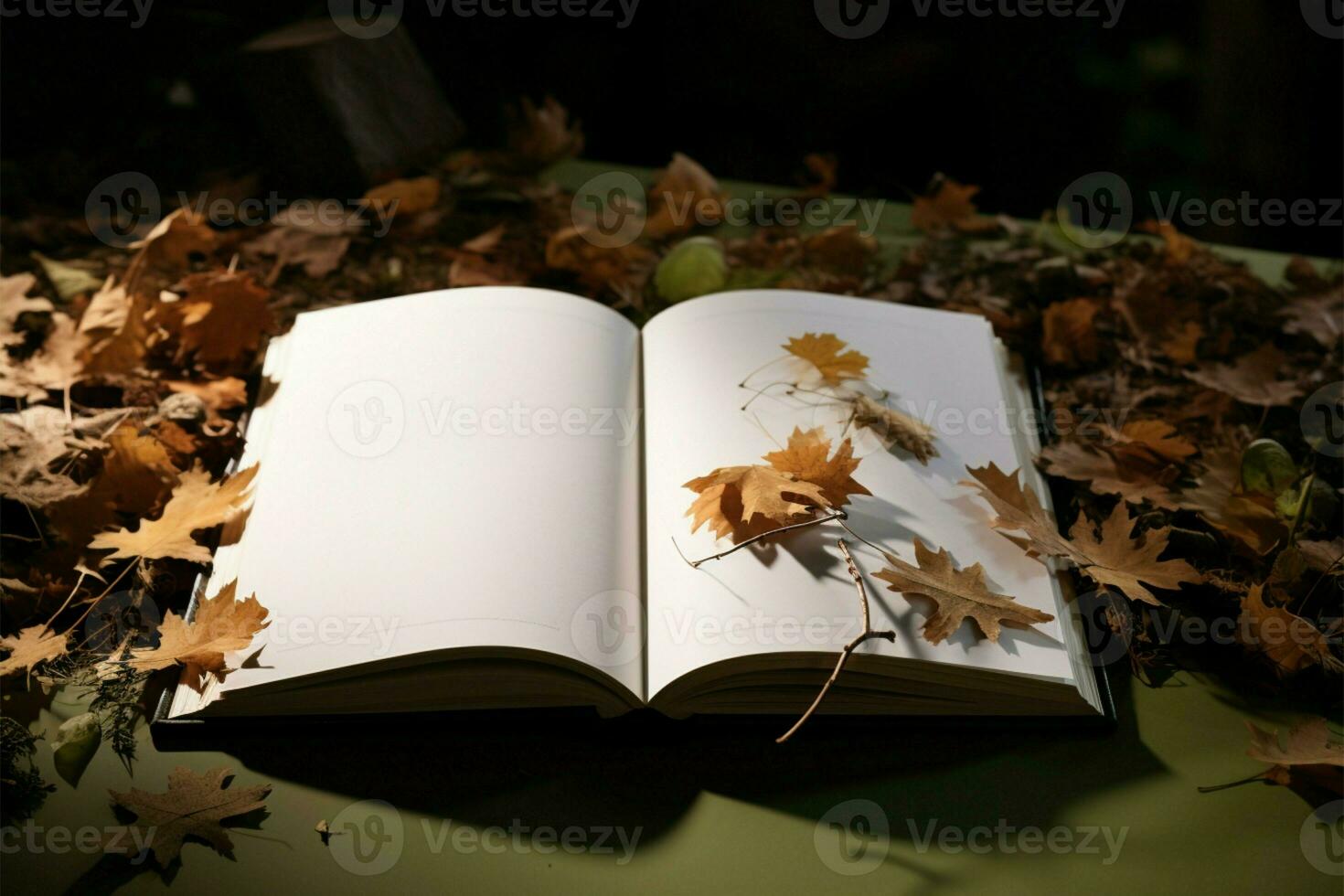 een Open boek onthult een bladzijde versierd met delicaat bladeren ai gegenereerd foto