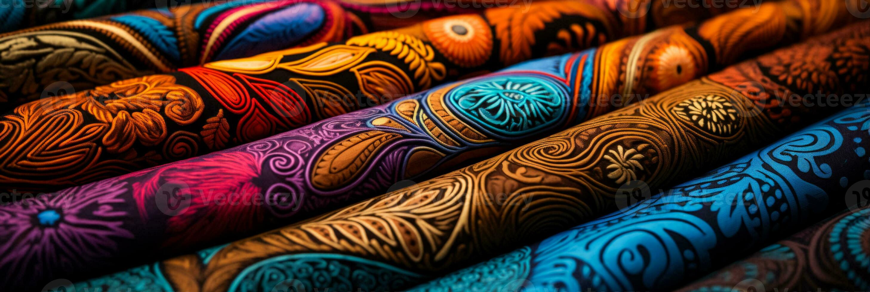 dichtbij omhoog vastleggen van hand- getrokken patronen Aan levendig batik kleding stof texturen foto