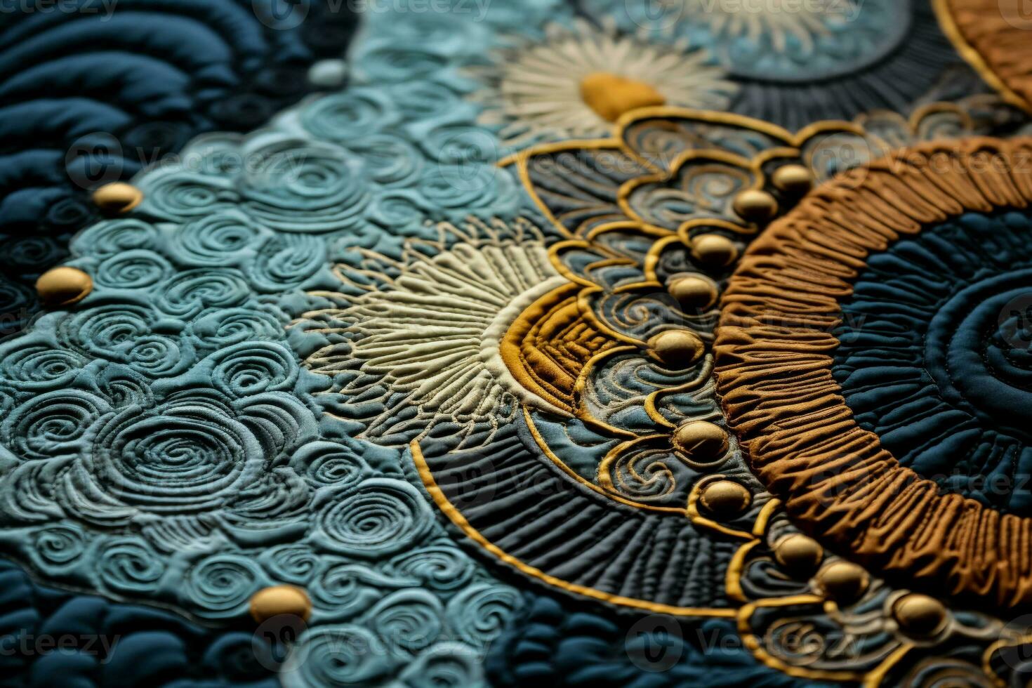 extreem dichtbij ups vastleggen de ingewikkeld patronen van textuur quilten Aan textiel foto