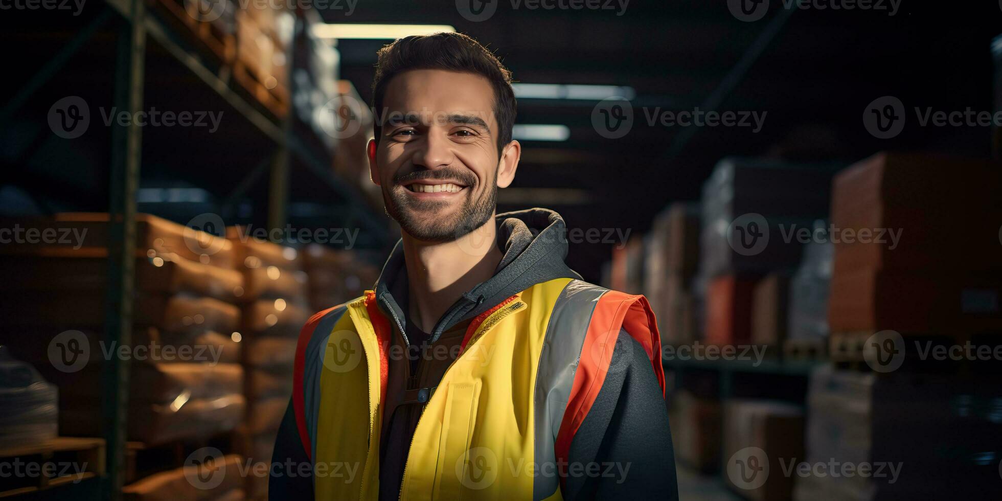 ai gegenereerd. ai generatief. magazijn voorraad huis Verzending levering lading logistiek arbeider manager portret achtergrond. grafisch kunst foto