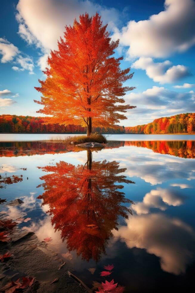 sereen meer reflecterend kleurrijk herfst bomen foto