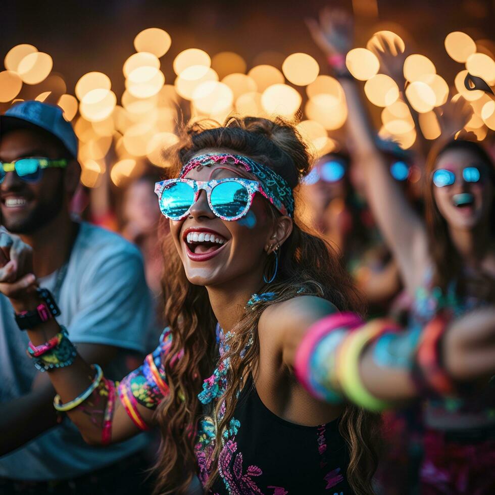 mensen dansen met gloeiend neon accessoires foto