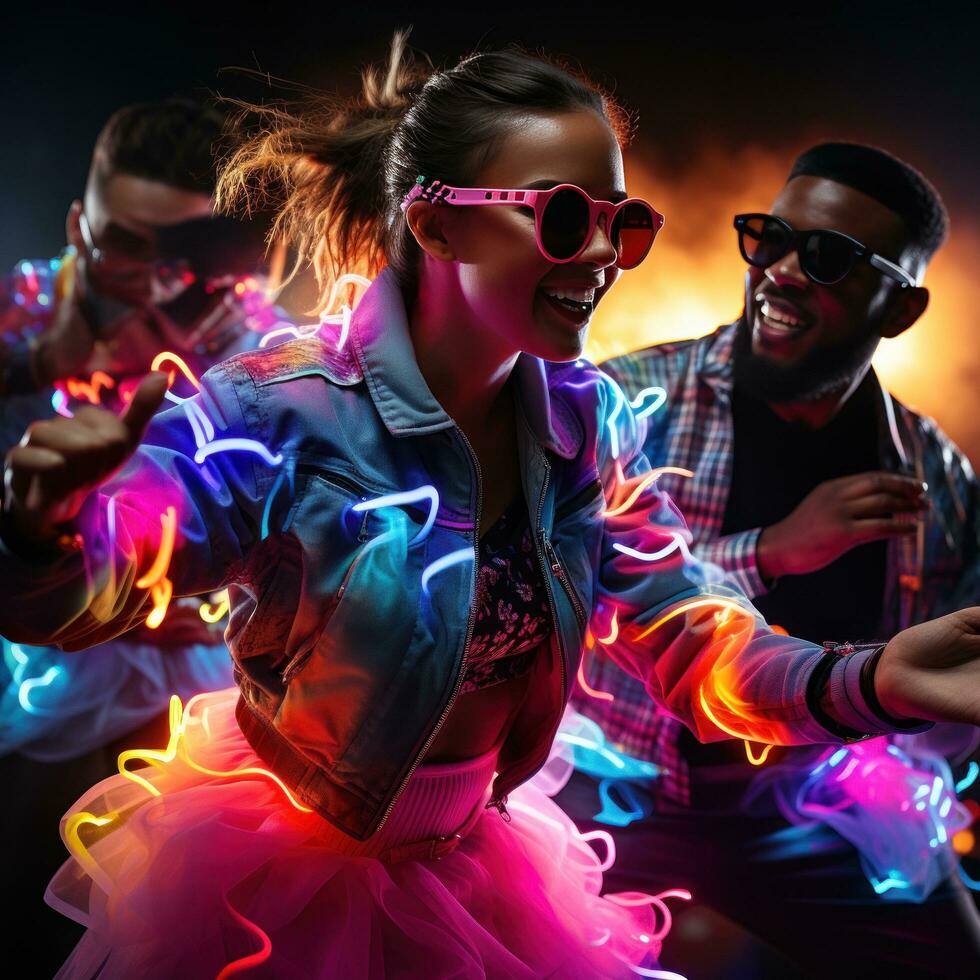 mensen dansen met gloeiend neon accessoires foto