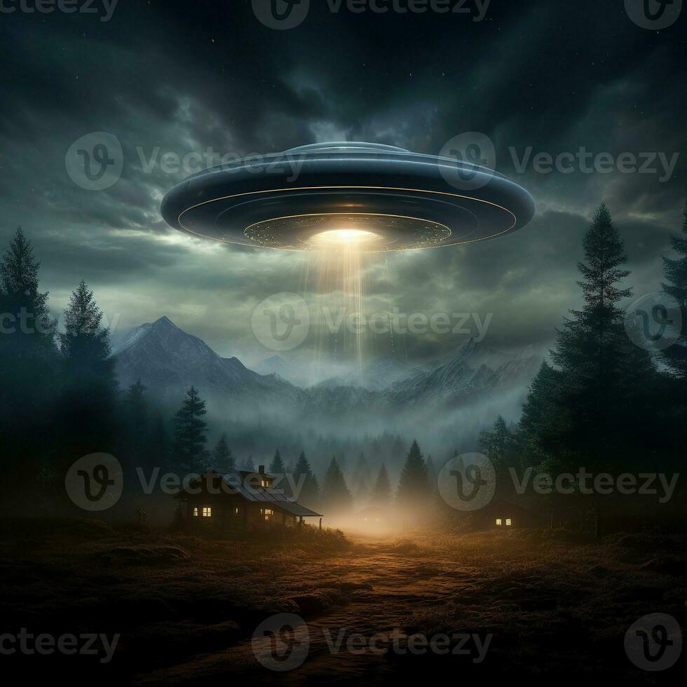 een ufo vliegt over- een nacht dorp in de bergen. buitenaards wezen vliegend schotel. interplanetair vervoer van de toekomst. niet geïdentificeerd vliegend voorwerp . foto