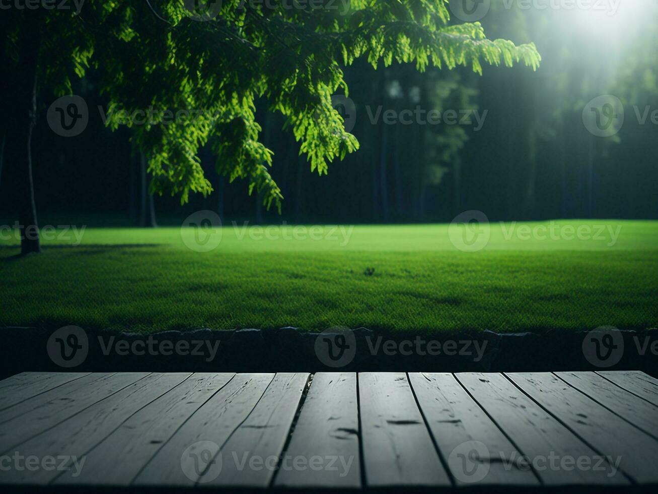 houten tafel en vervagen tropisch groen gras achtergrond, Product Scherm montage. hoog kwaliteit foto 8k fhd ai gegenereerd