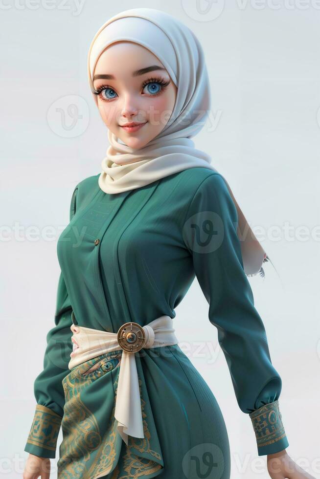 vlucht begeleider pop met moslim jurk. generatief ai foto