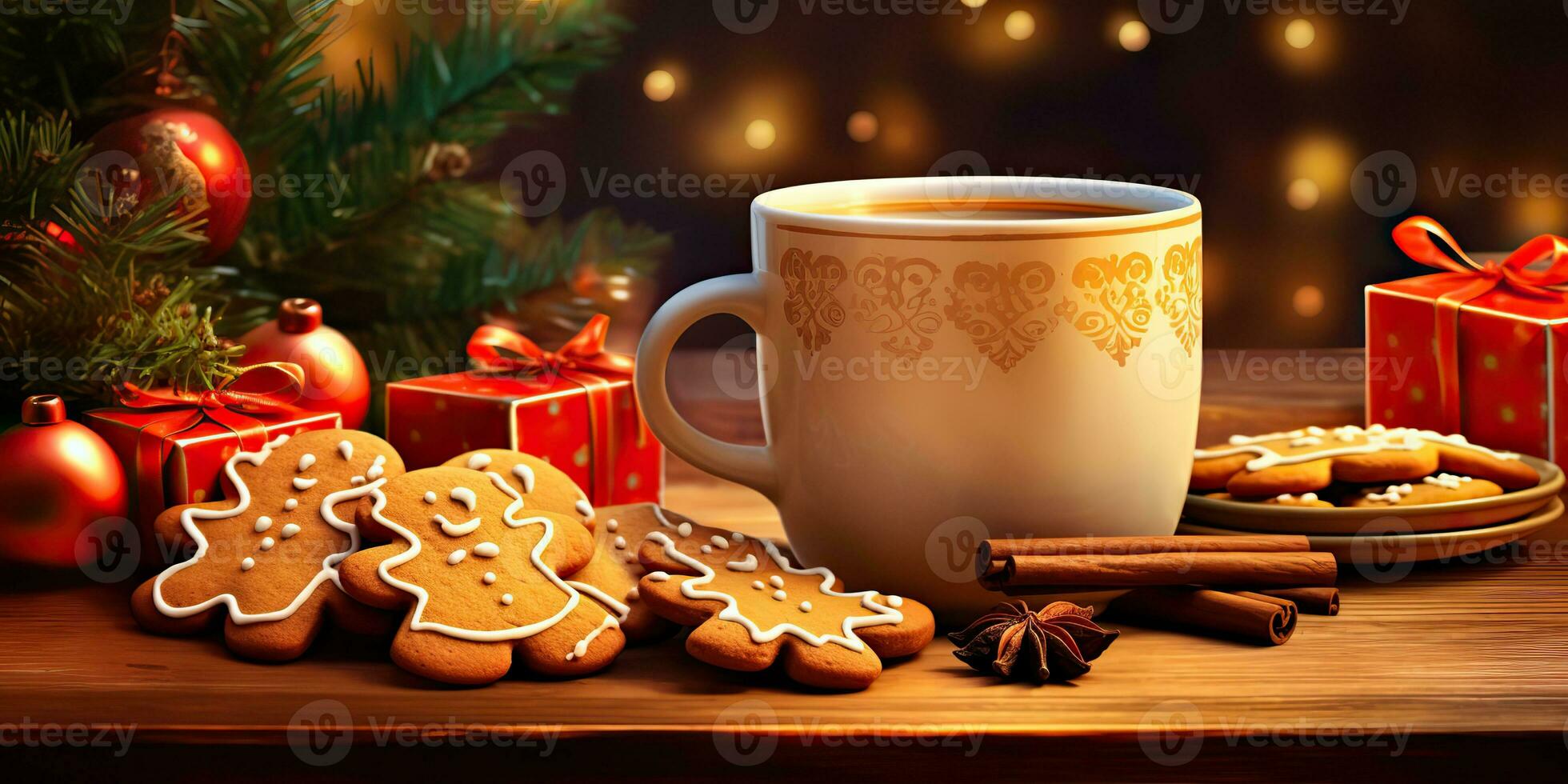 ai gegenereerd. ai generatief. vrolijk Kerstmis Kerstmis nieuw jaar peperkoek zoet koekjes met chocola cacao koffie Aan houten tafel mockup decoratie. grafisch kunst foto