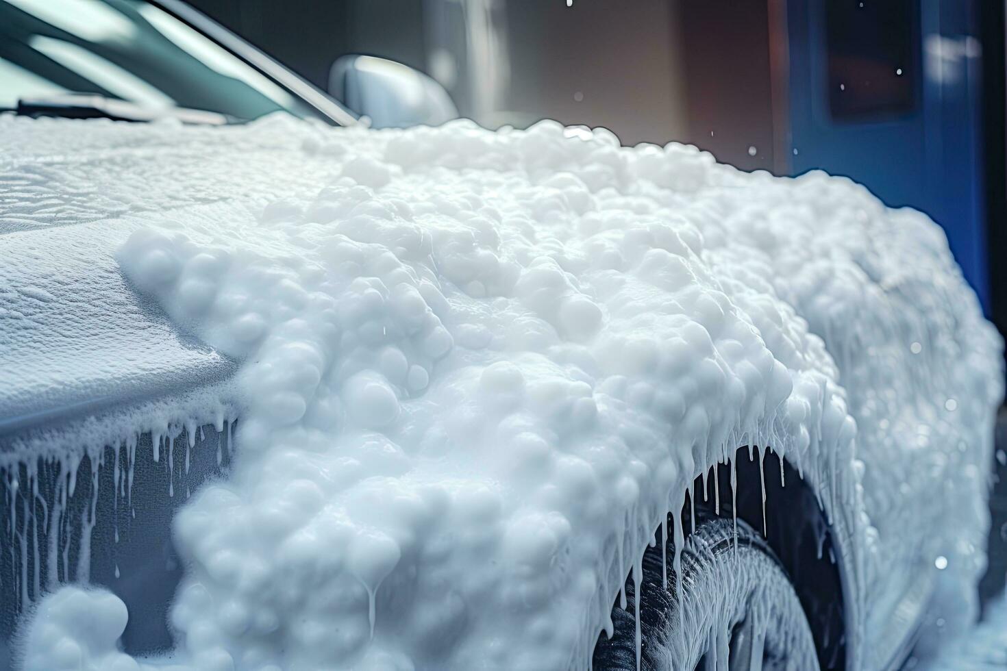 auto wassen concept. dichtbij omhoog van auto het wassen machine met schuim. auto auto wassen met wit zeep, en schuim Aan de lichaam, ai gegenereerd foto