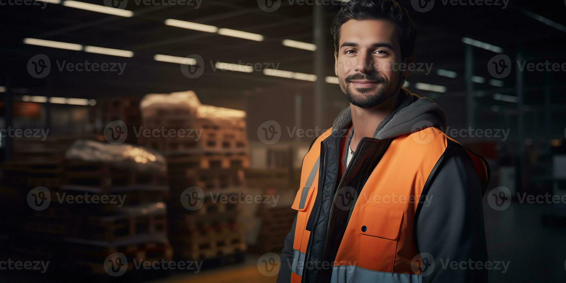 ai gegenereerd. ai generatief. magazijn voorraad huis Verzending levering lading logistiek arbeider manager portret achtergrond. grafisch kunst foto