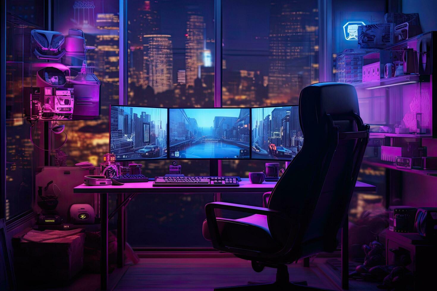 modern computer kamer met nacht stad visie, 3d renderen afgezwakt afbeelding, cyberpunk gamer werkruimte met computer en muis. 3d weergave, ai gegenereerd foto
