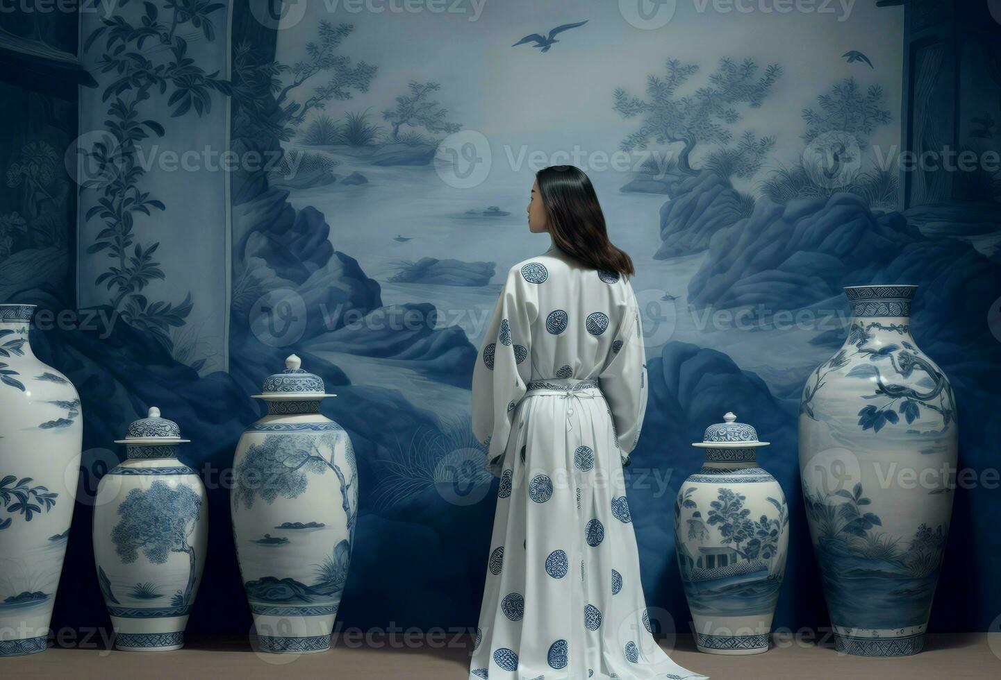 Aziatisch vrouw blauw keramiek. genereren ai foto