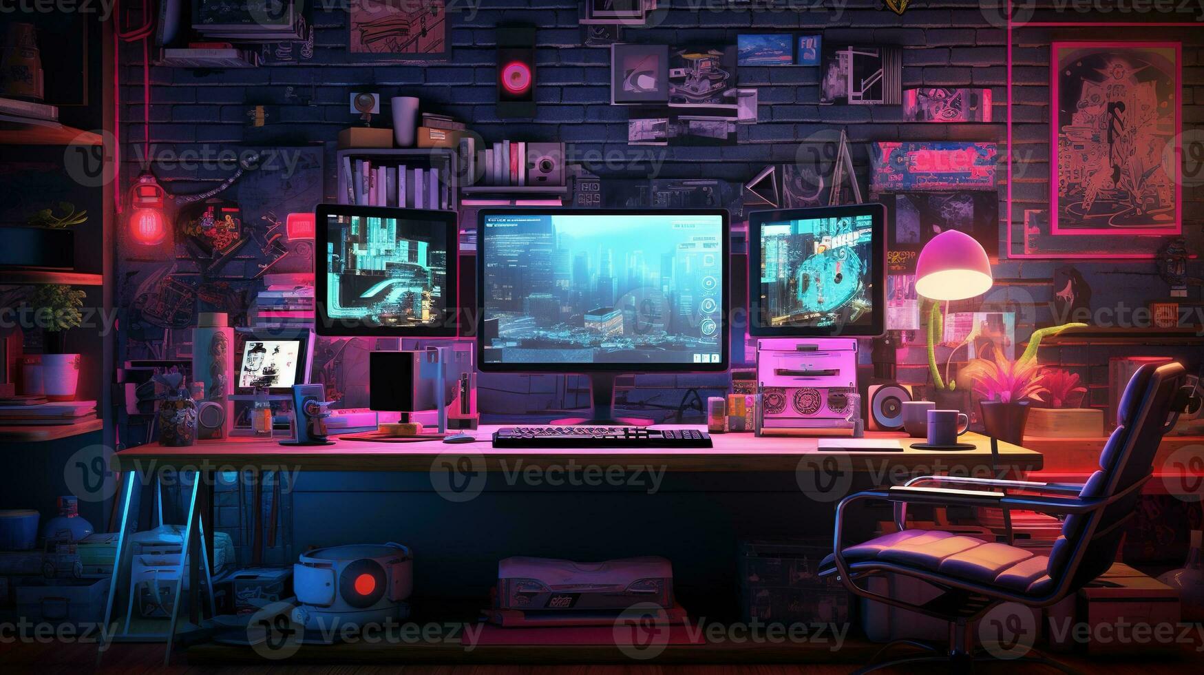 generatief ai, computer Aan de tafel in cyberpunk stijl, nostalgisch jaren 80, jaren 90. neon nacht lichten levendig kleuren, fotorealistisch horizontaal illustratie van de futuristische interieur. technologie concept. foto