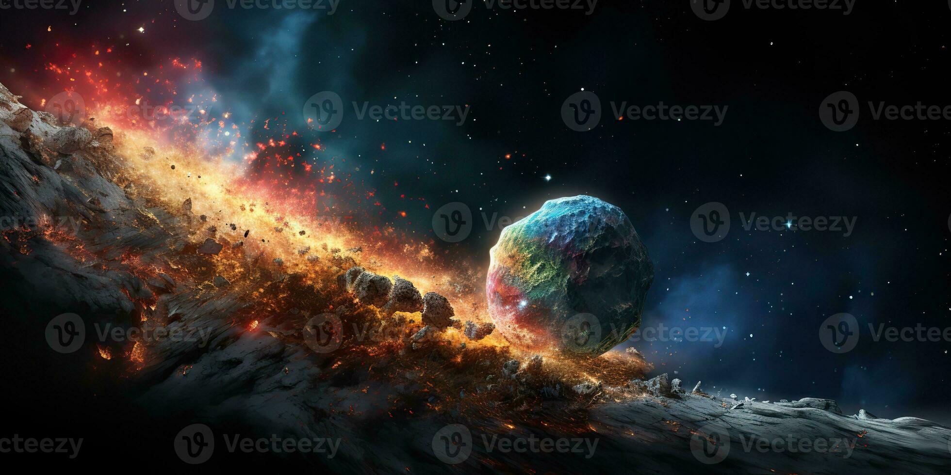 ai gegenereerd. ai generatief. heelal buitenste ruimte vliegend asteroïde universum heelal Gevaar catastrofe. grafisch kunst foto