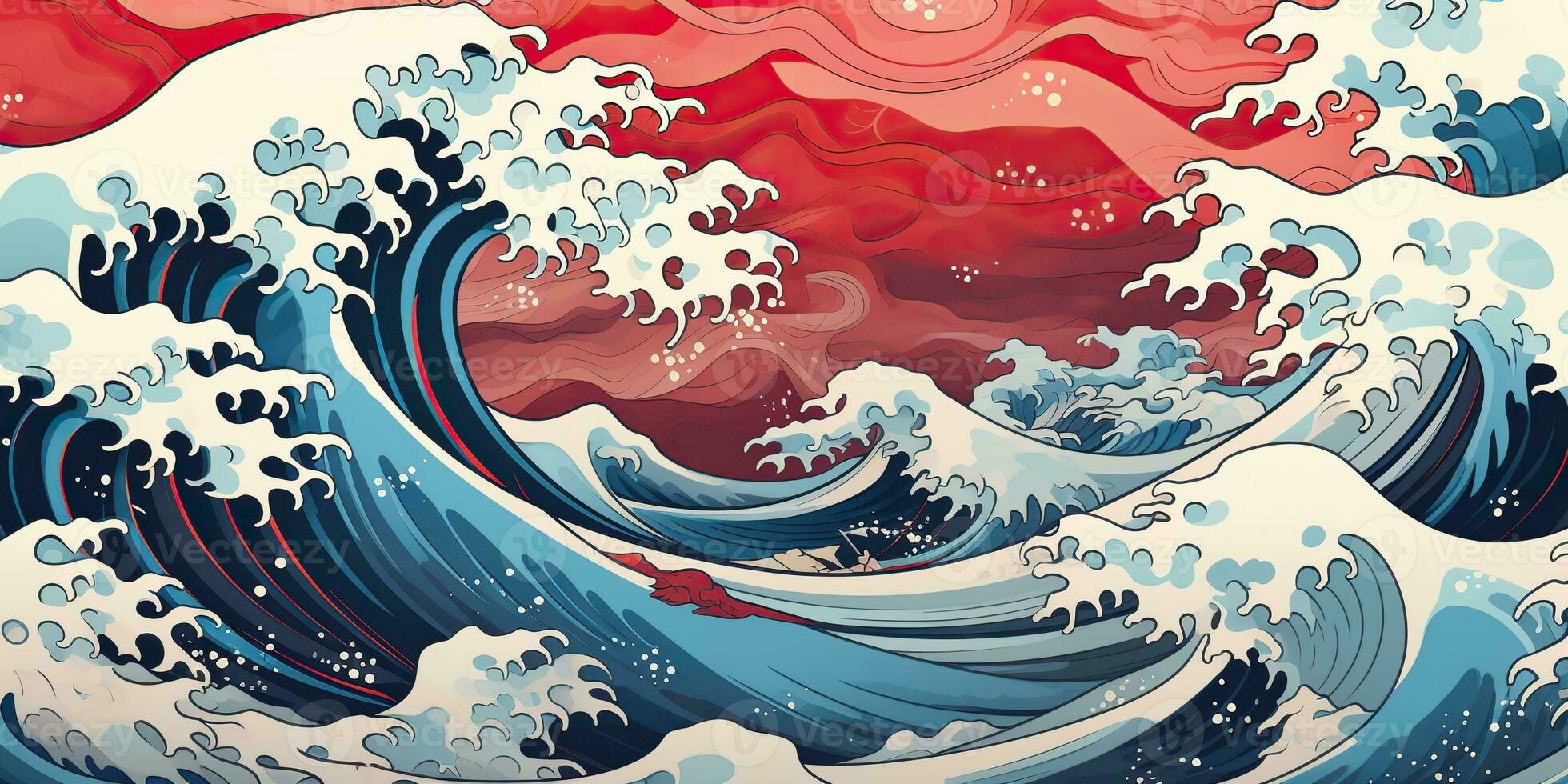 ai gegenereerd. ai generatief.vintage retro oud stijl getrokken verf zee oceaan rivier- water golven in minimaal Japans stijl. marinier en nautische illustratie. grafisch kunst foto