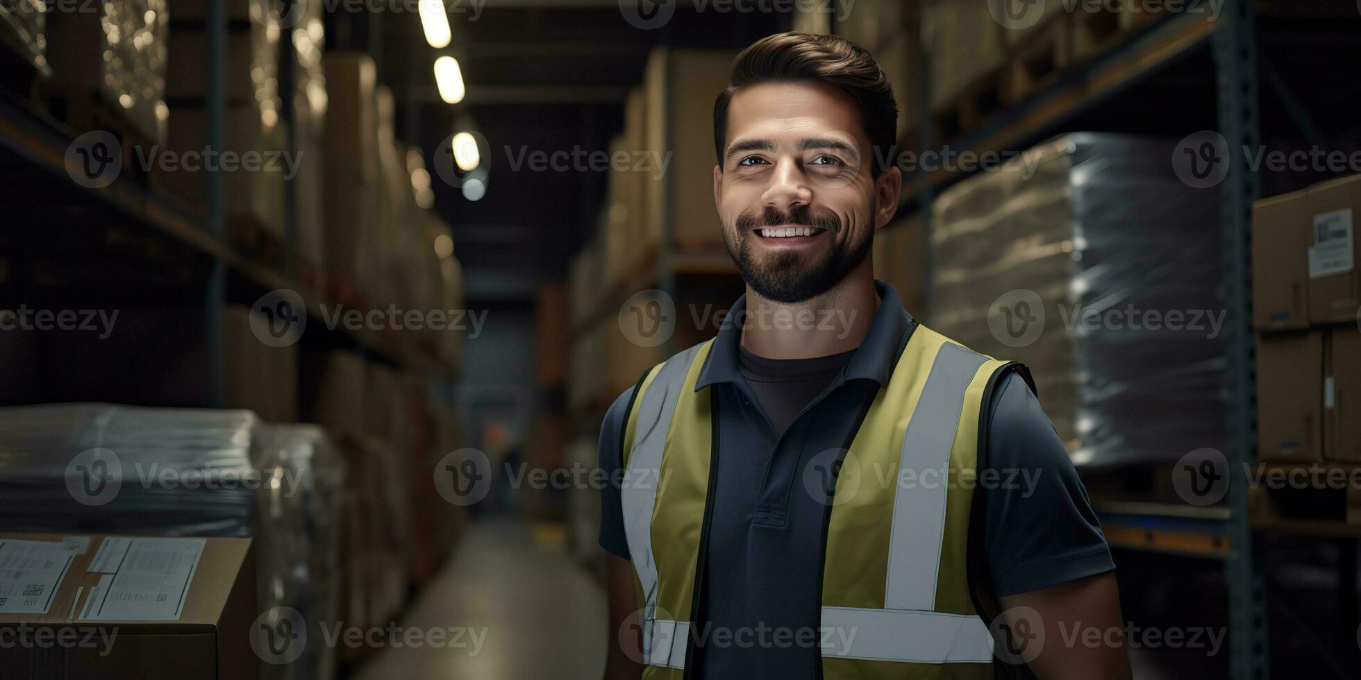 ai gegenereerd. ai generatief. magazijn voorraad huis Verzending levering lading logistiek arbeider manager portret achtergrond. grafisch kunst foto