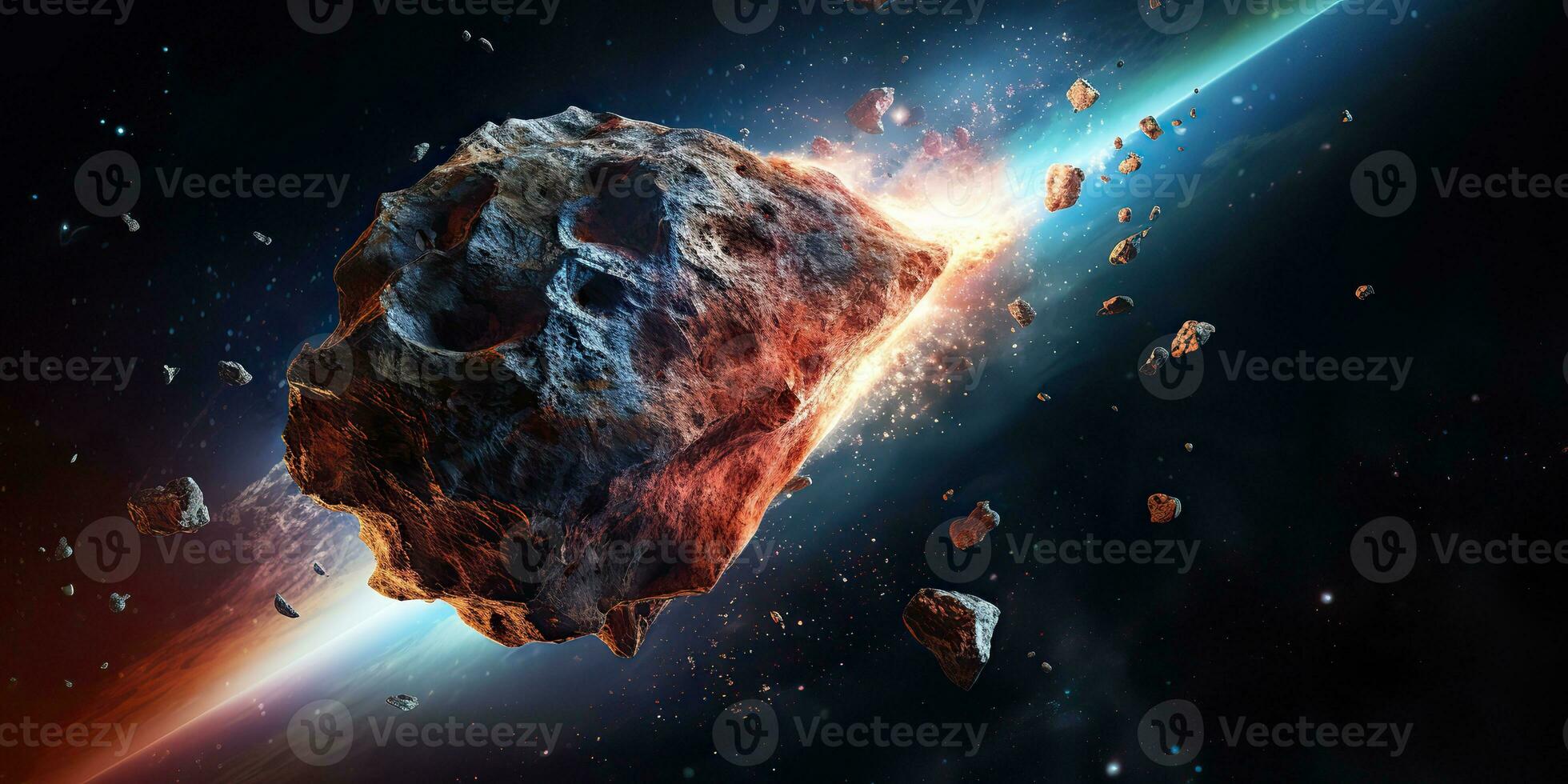 ai gegenereerd. ai generatief. heelal buitenste ruimte vliegend asteroïde universum heelal Gevaar catastrofe. grafisch kunst foto