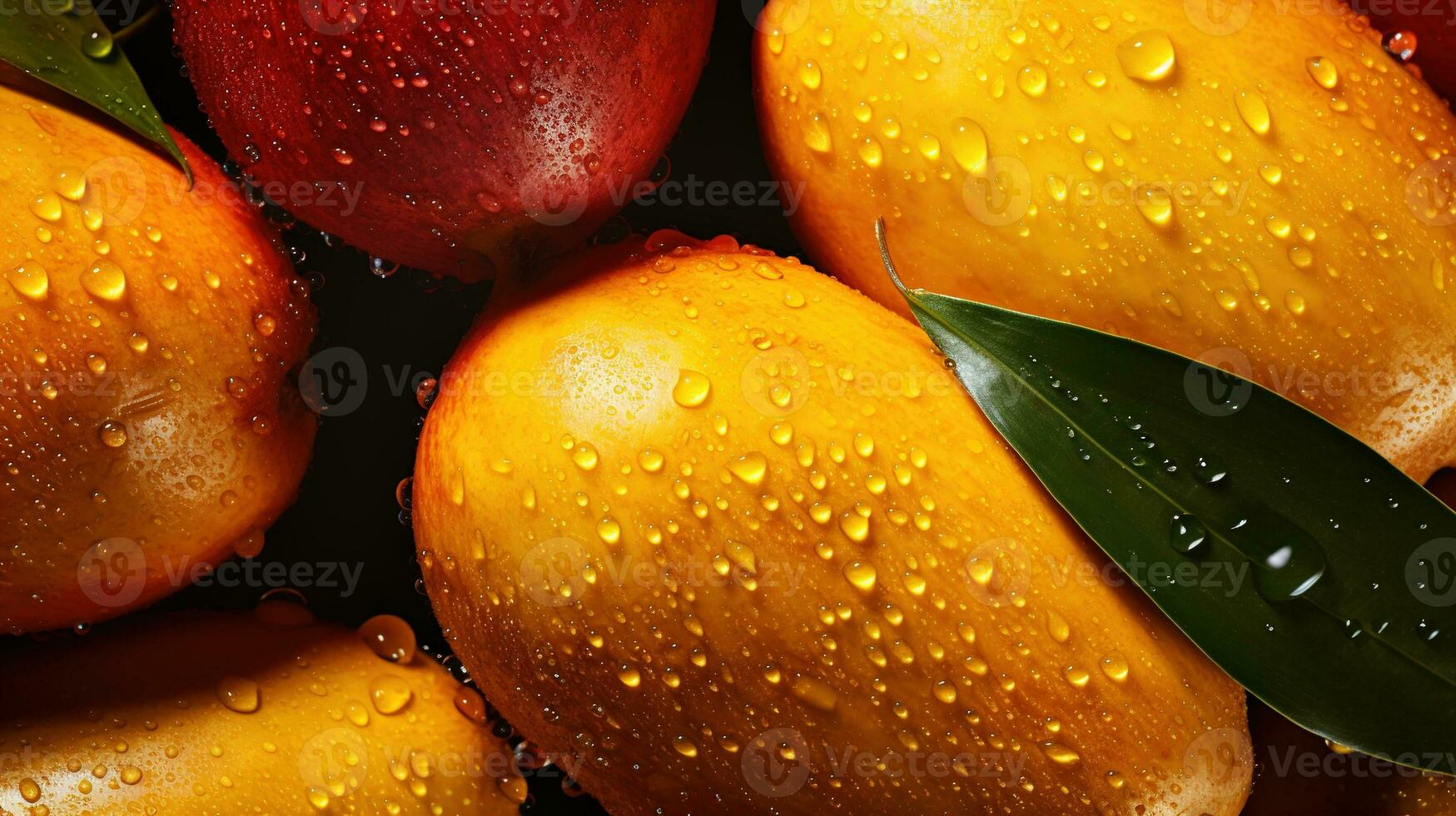 generatief ai, detailopname vers mango fruit achtergrond. tropisch exotisch detailopname foto met water druppels.