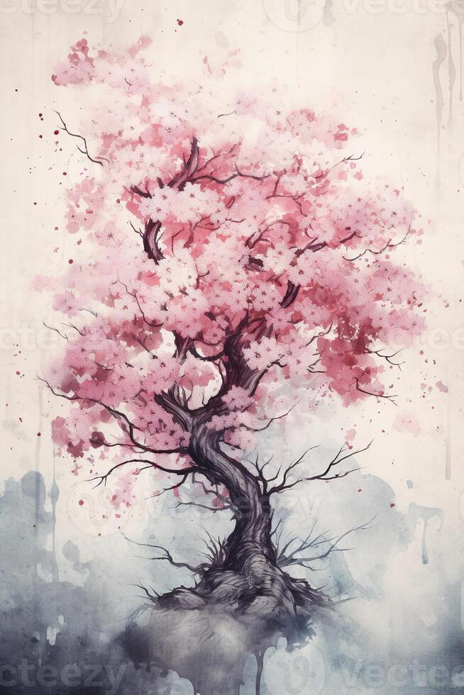 generatief ai, mooi Japans sakura boom, waterverf schilderen, wijnoogst Aziatisch poster foto