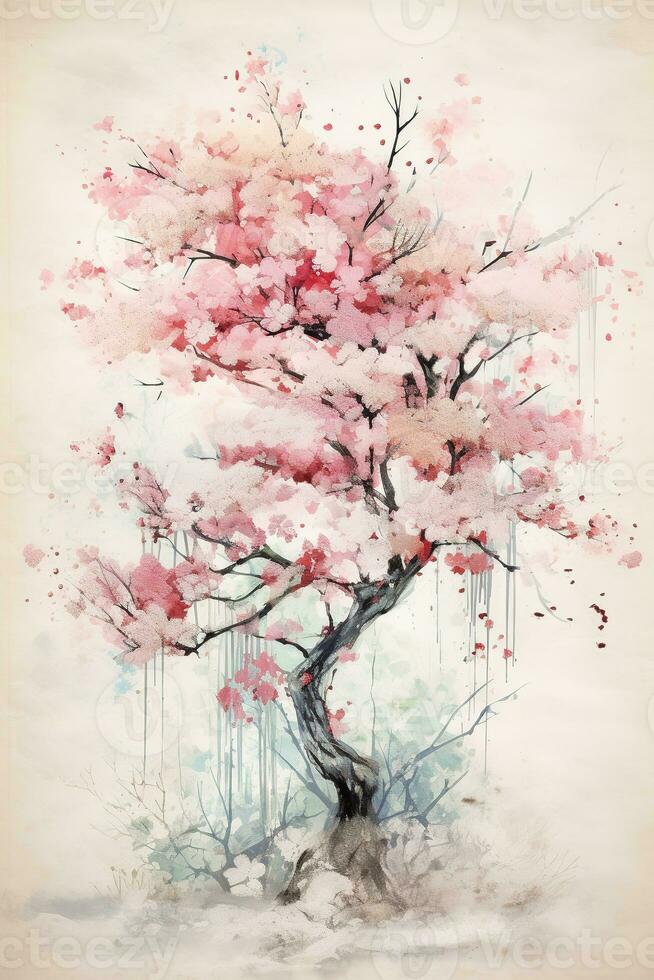 generatief ai, mooi Japans sakura boom, waterverf schilderen, wijnoogst Aziatisch poster foto