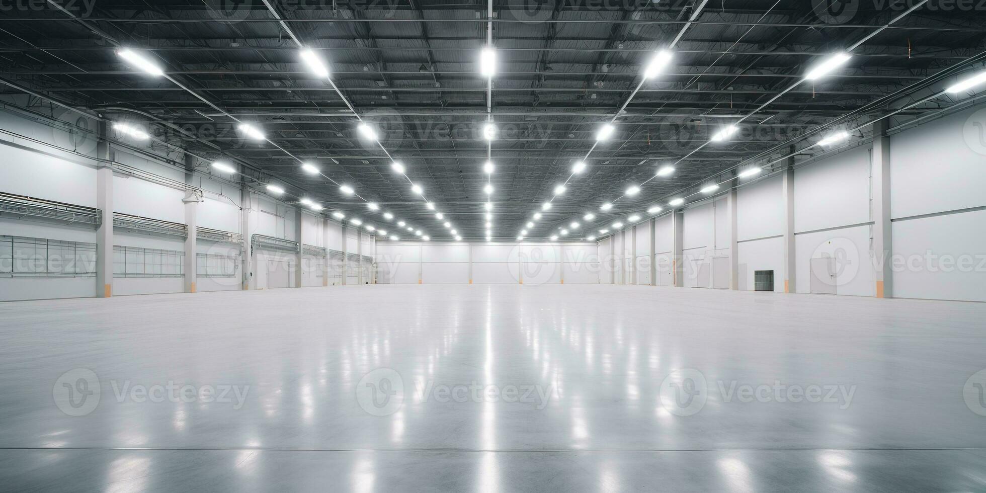 generatief ai, magazijn interieur met LED verlichting, industrie gebouw, distributie kleinhandel centrum, een deel van opslagruimte en Verzending systeem.. foto