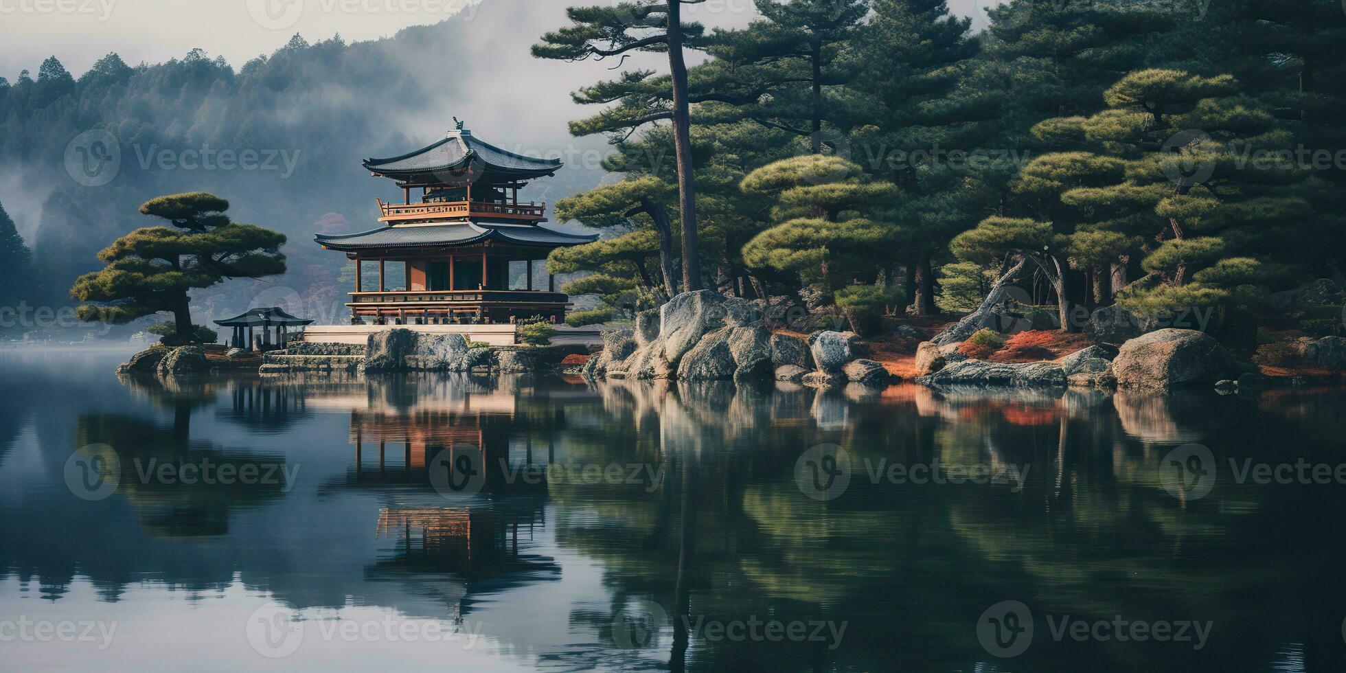 ai gegenereerd. ai generatief. traditioneel geschiedenis Aziatisch Japans Chinese tempel gebouw toren tuin natuur buitenshuis achtergrond. grafisch kunst foto