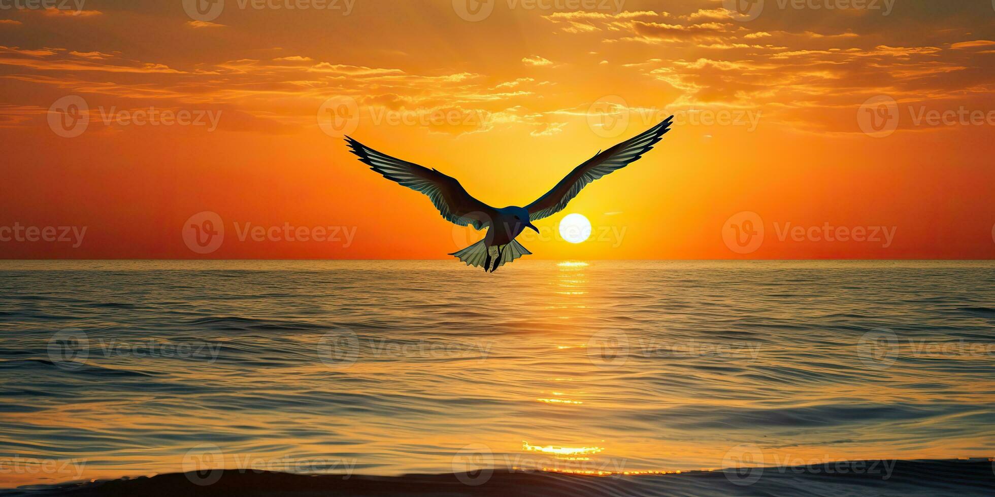 ai gegenereerd. ai generatief. mooi zee nautische zonsondergang strand eiland met zeemeeuw vogel. grafisch kunst foto