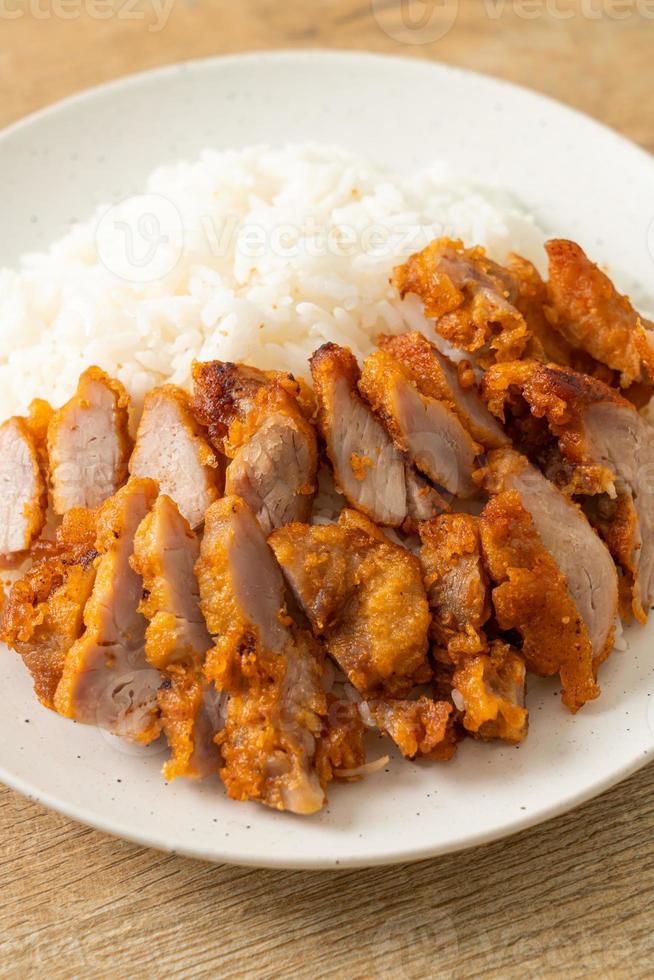 gebakken varkensvlees gegarneerd op rijst met pittige dipsaus foto
