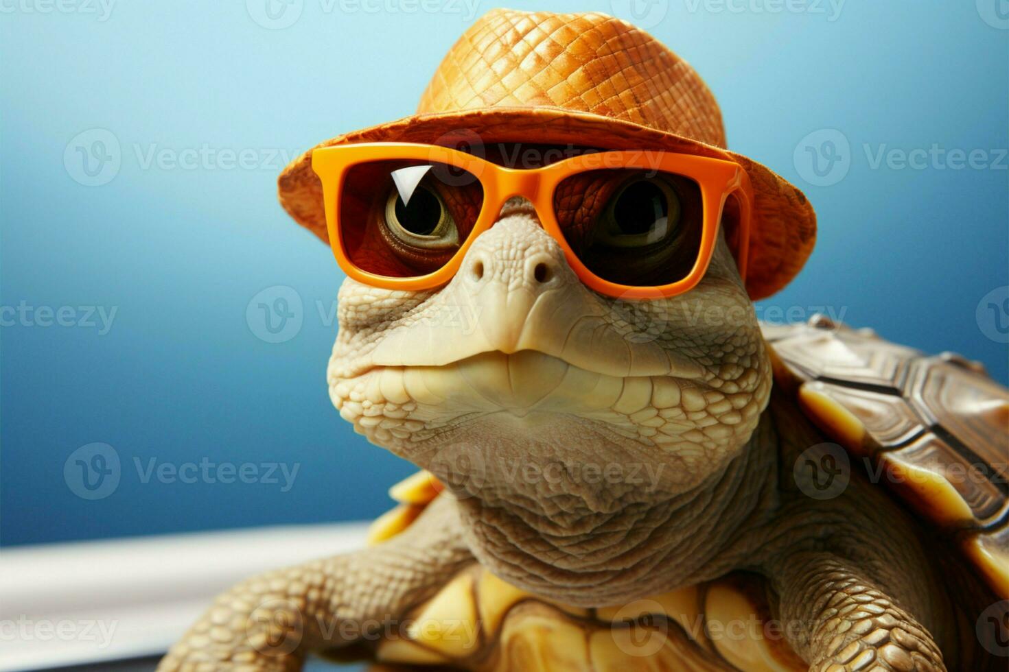 schildpad sport- rietje hoed, zonnebril moeiteloos elegant van schelp naar hoofd ai gegenereerd foto