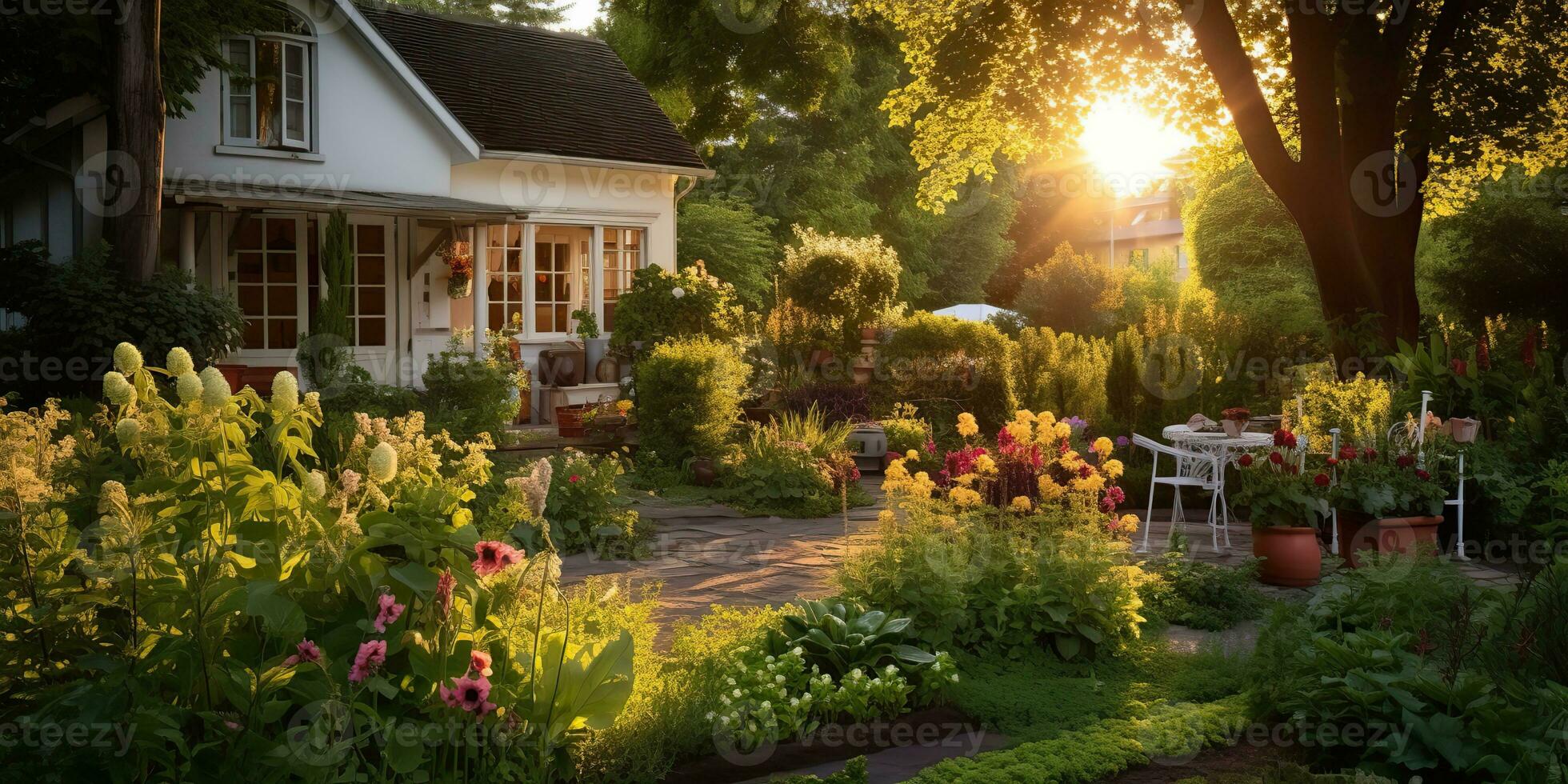 ai gegenereerd. ai generatief. natuur buitenshuis buitenkant huis tuin met knus tafel met veel planten bloemen. grafisch kunst foto