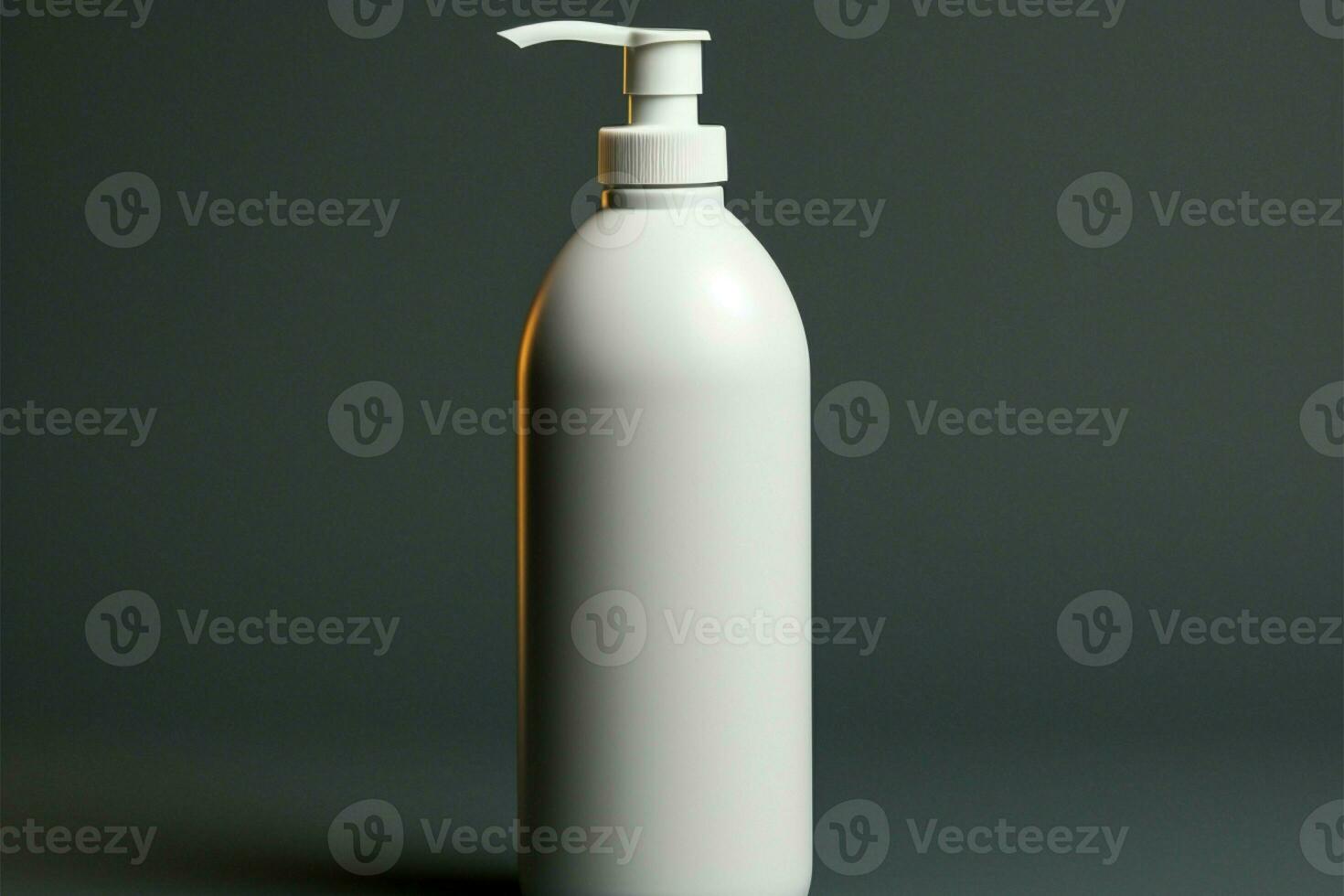 schoon wit pomp fles contrasten met een gedempt grijs backdrop ai gegenereerd foto