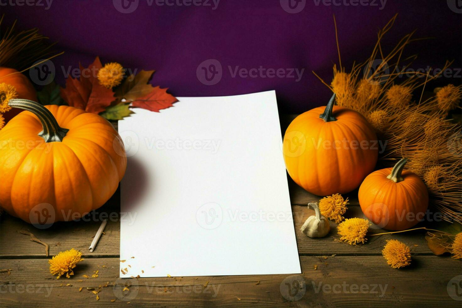 blanco papier wacht voor inspiratie naast levendig herfst pompoenen ai gegenereerd foto