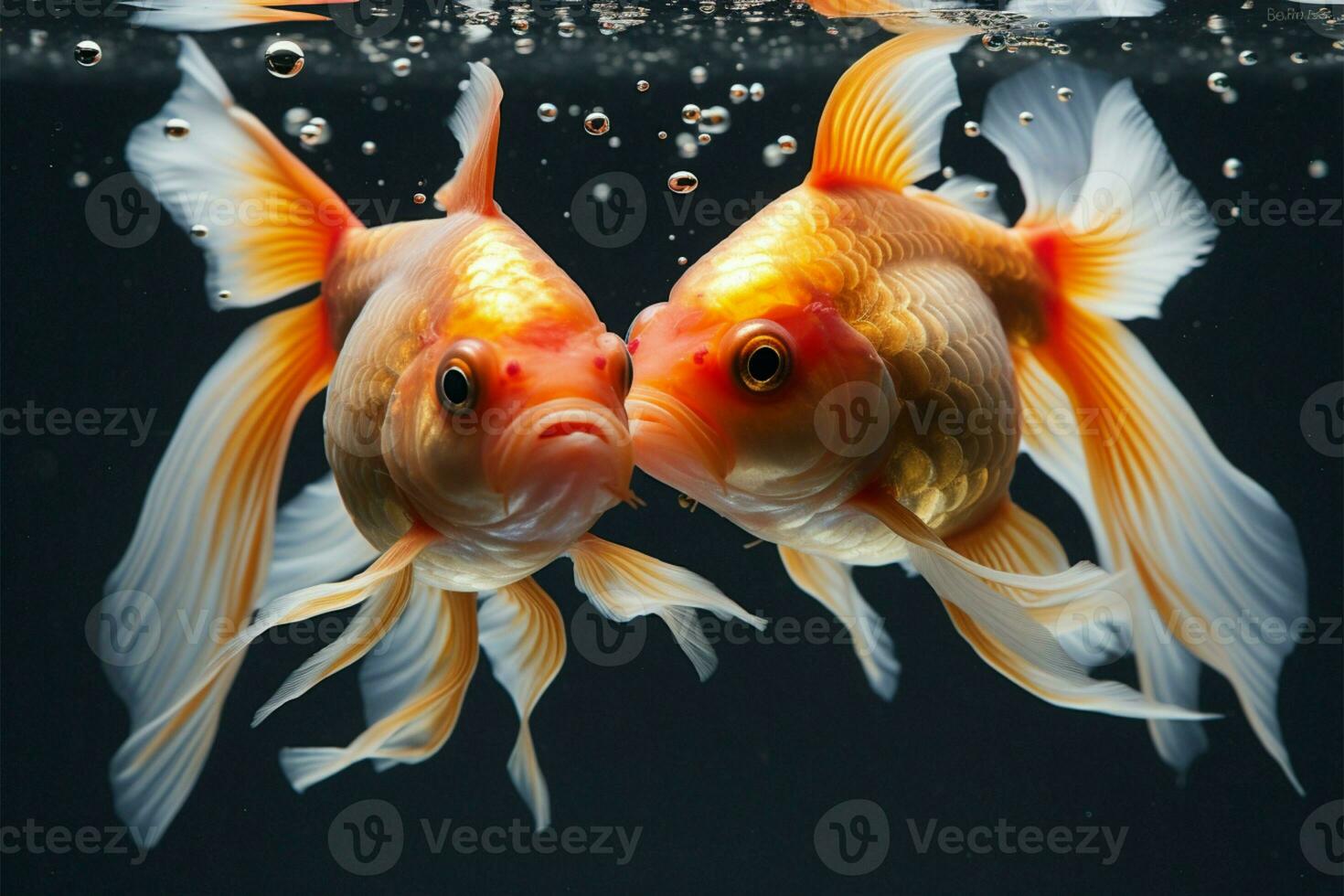 goudvis romantiek, ze houding met een rood hart, liefde in water ai gegenereerd foto