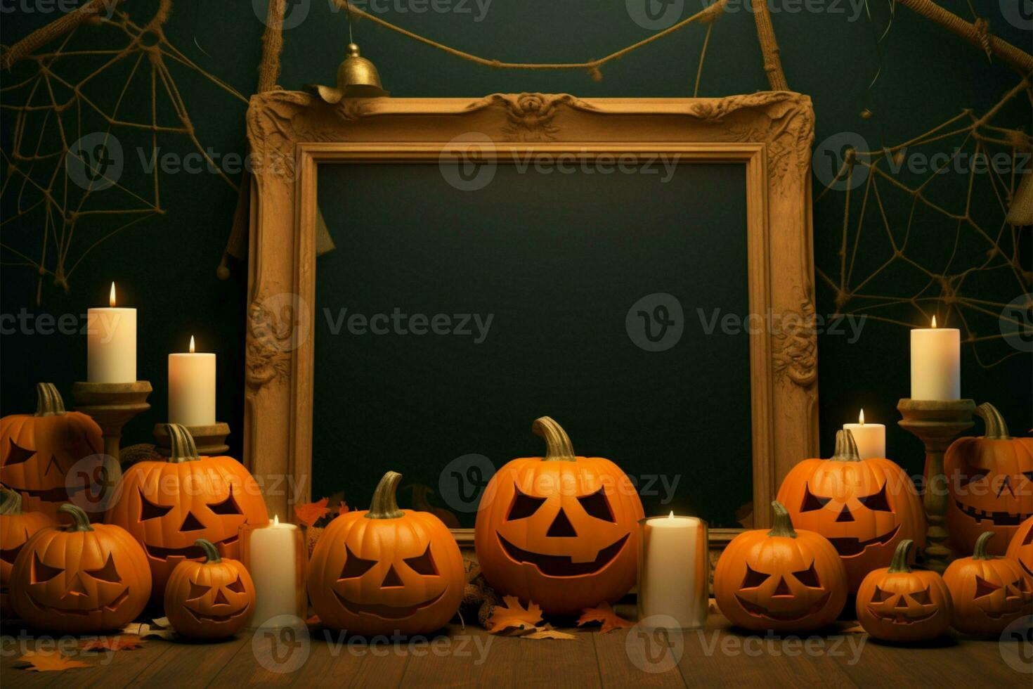 halloween themed sjabloon ingelijst met korrelig textuur, pompoenen weergeven glimlacht en bang maken ai gegenereerd foto