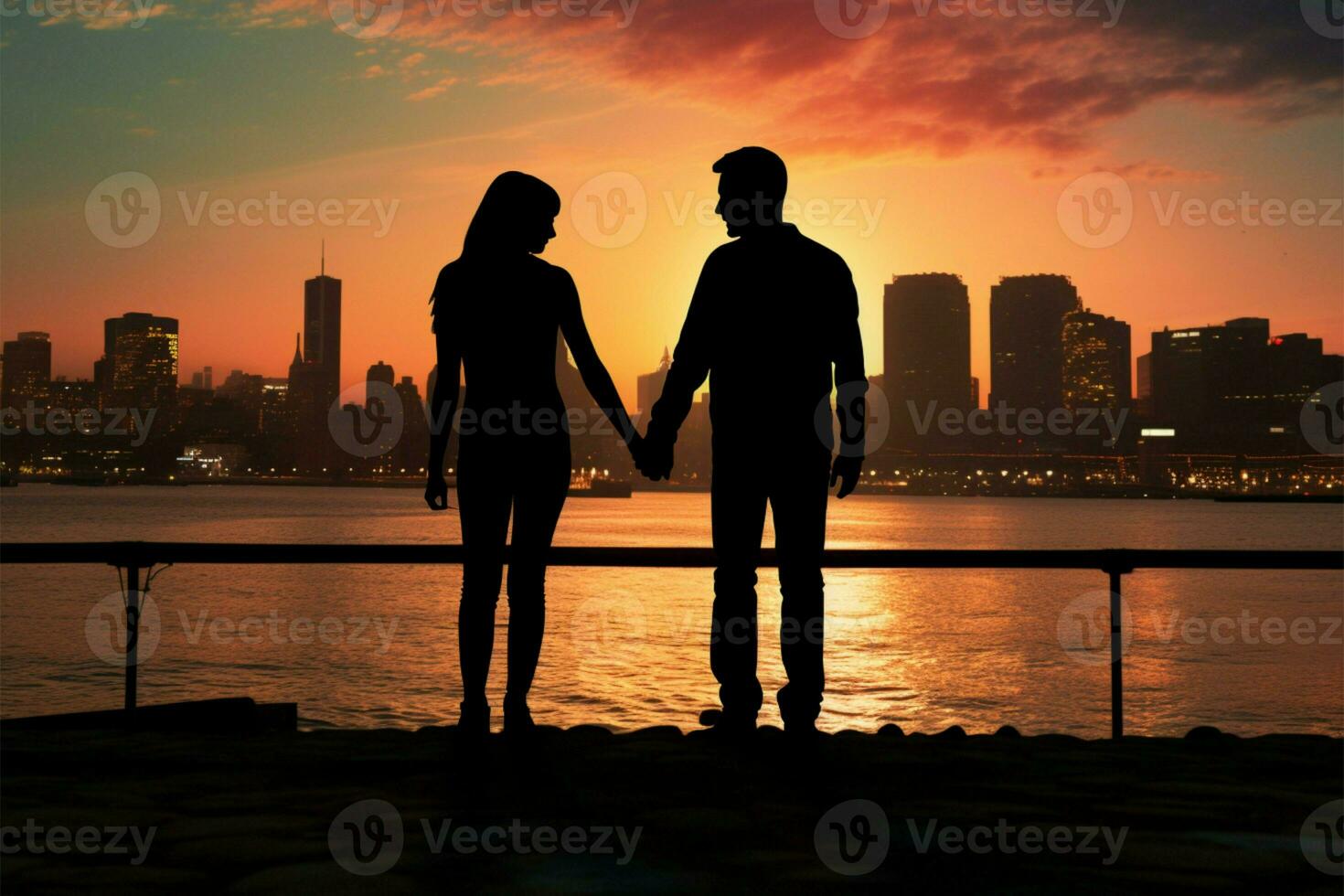 hand- in hand, homo paren silhouet straalt uit vreugde door kust stadsgezicht ai gegenereerd foto