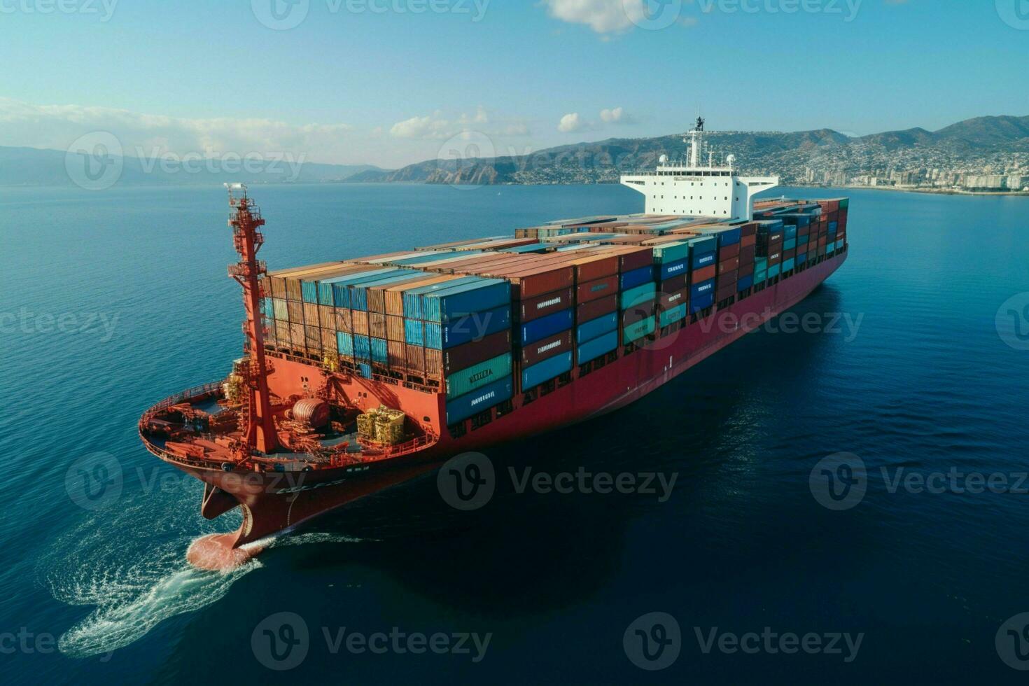 antenne dichtbij omhoog , houder schip betekent: globaal logistiek handel over- Open zee ai gegenereerd foto