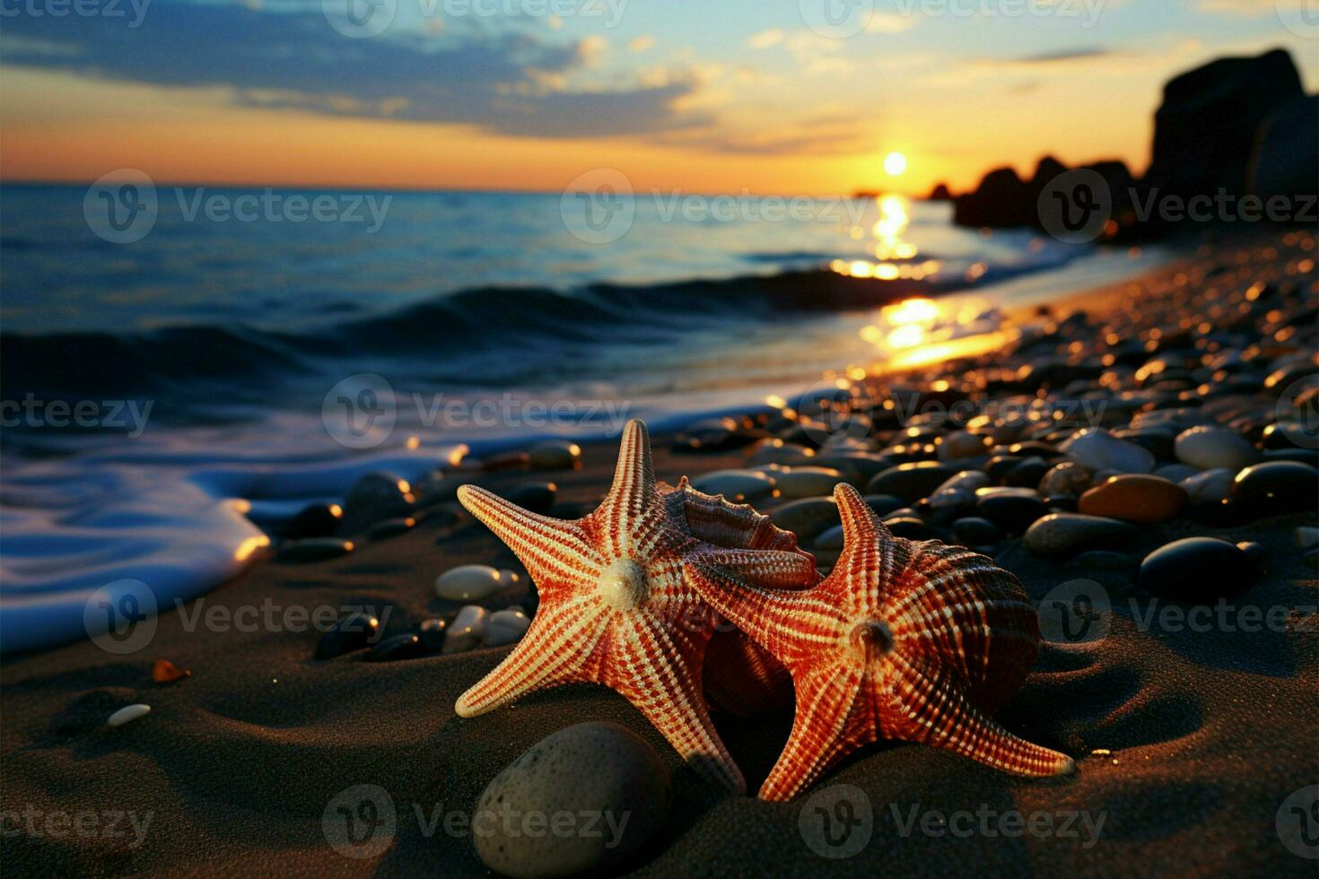 zonsondergangen omarmen, twee zeester vind rust Aan zanderig strand door rustig zee ai gegenereerd foto