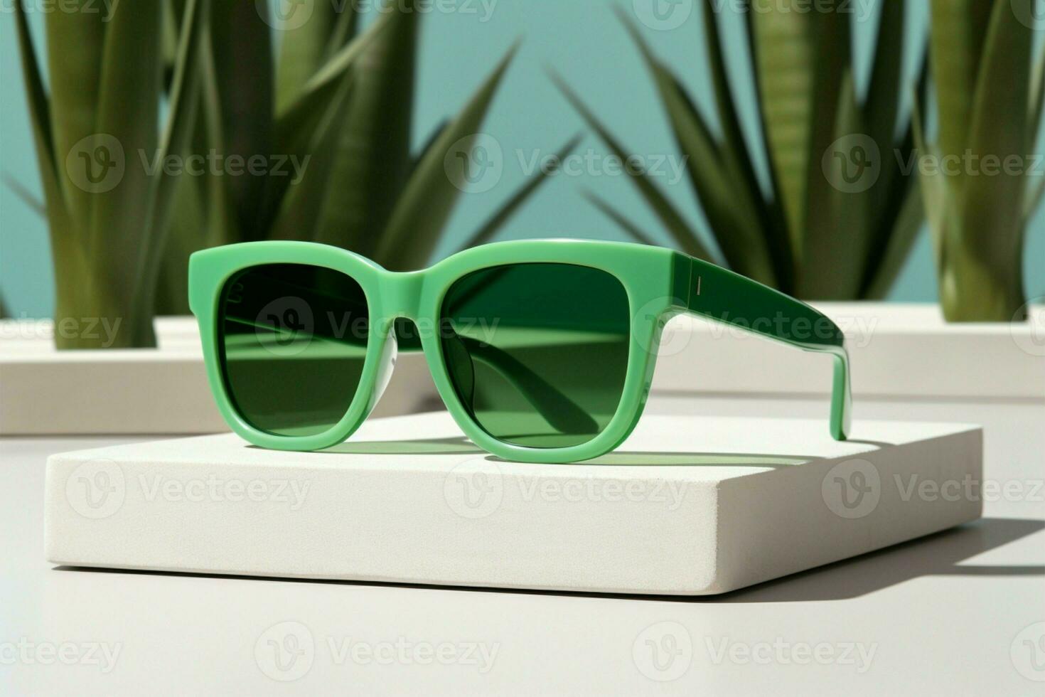 een wit blok biedt een voetstuk voor levendig groen zonnebril ai gegenereerd foto