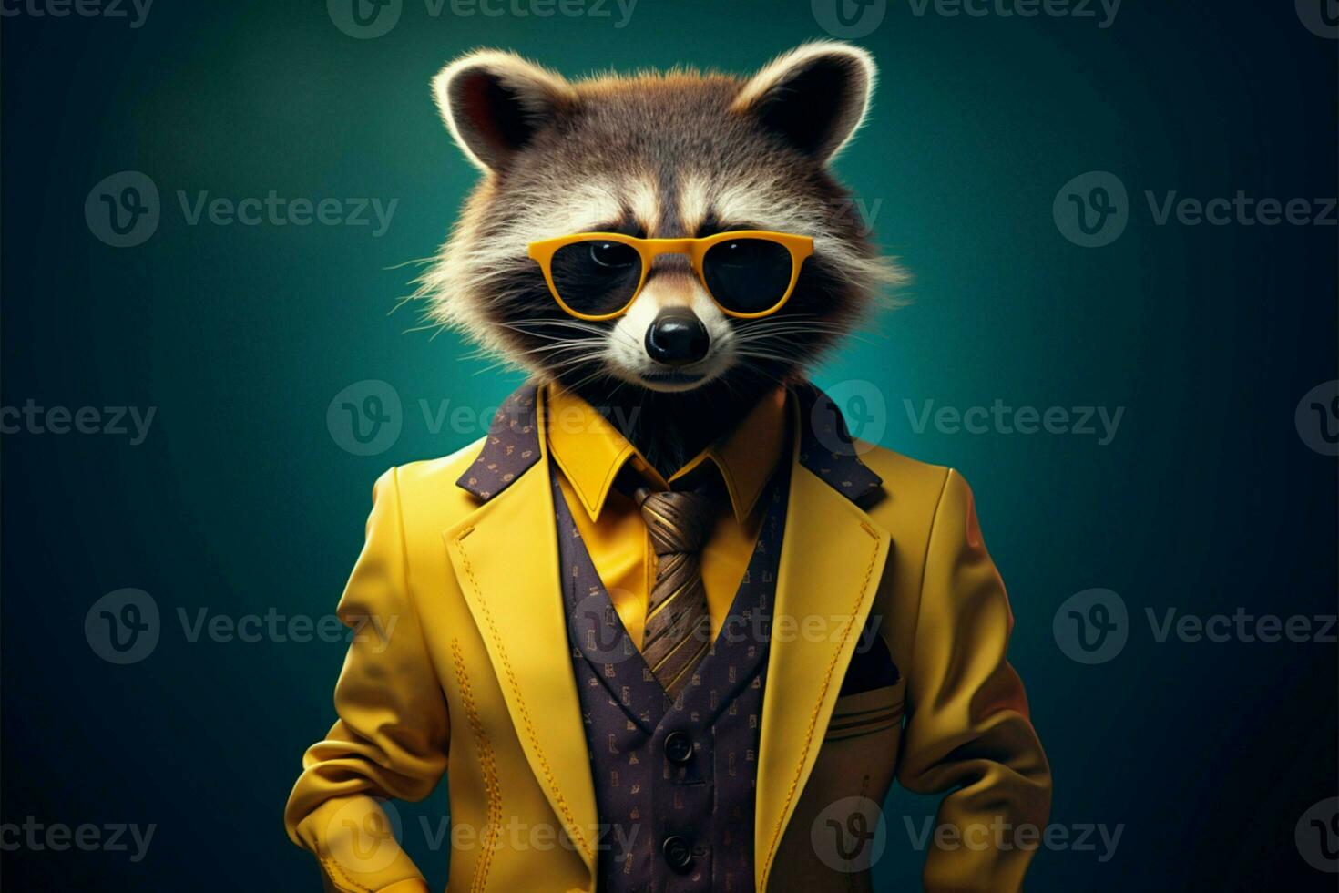 wijnoogst tekenfilm karakter, een hipster wasbeer in een elegant blauw pak ai gegenereerd foto