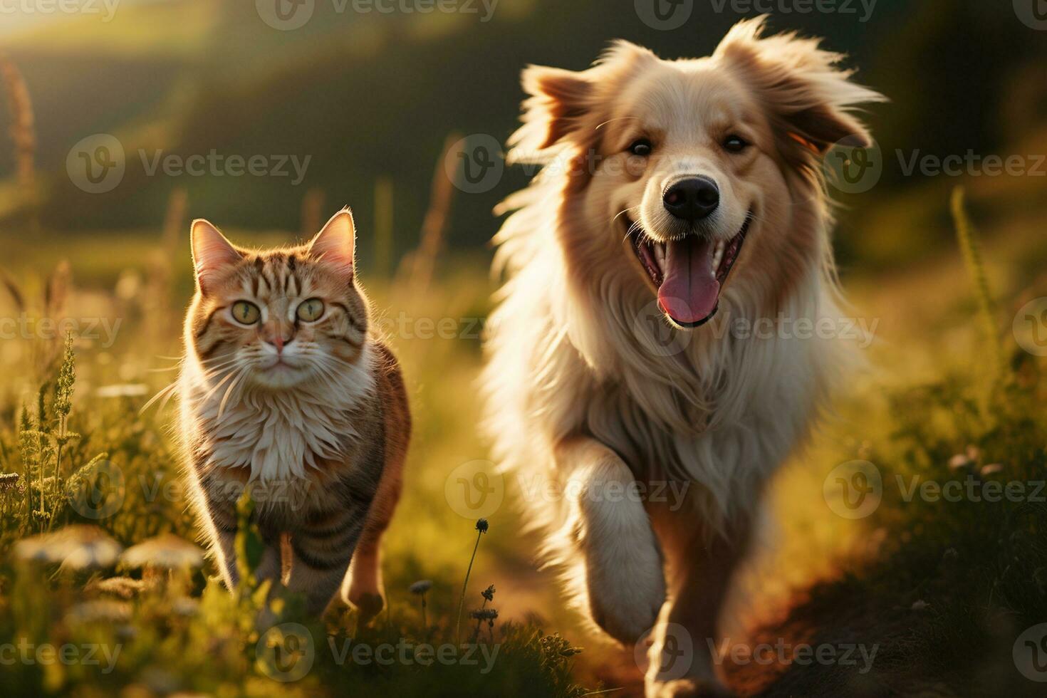 huisdier speeltijd hond en kat racing door de weelderig zomer gras. generatief door ai foto