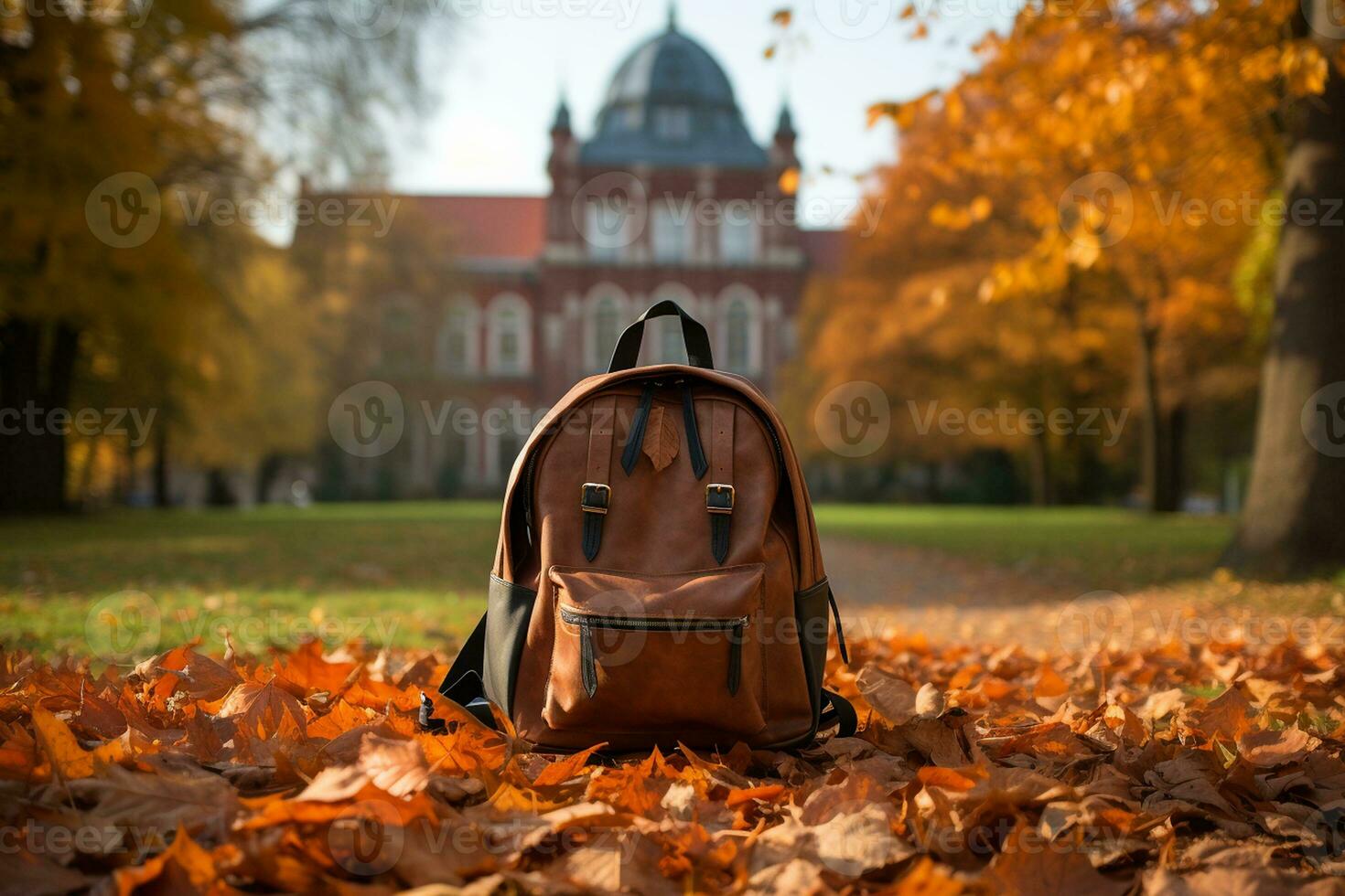 college rugzak Aan vallen bladeren. generatief door ai foto