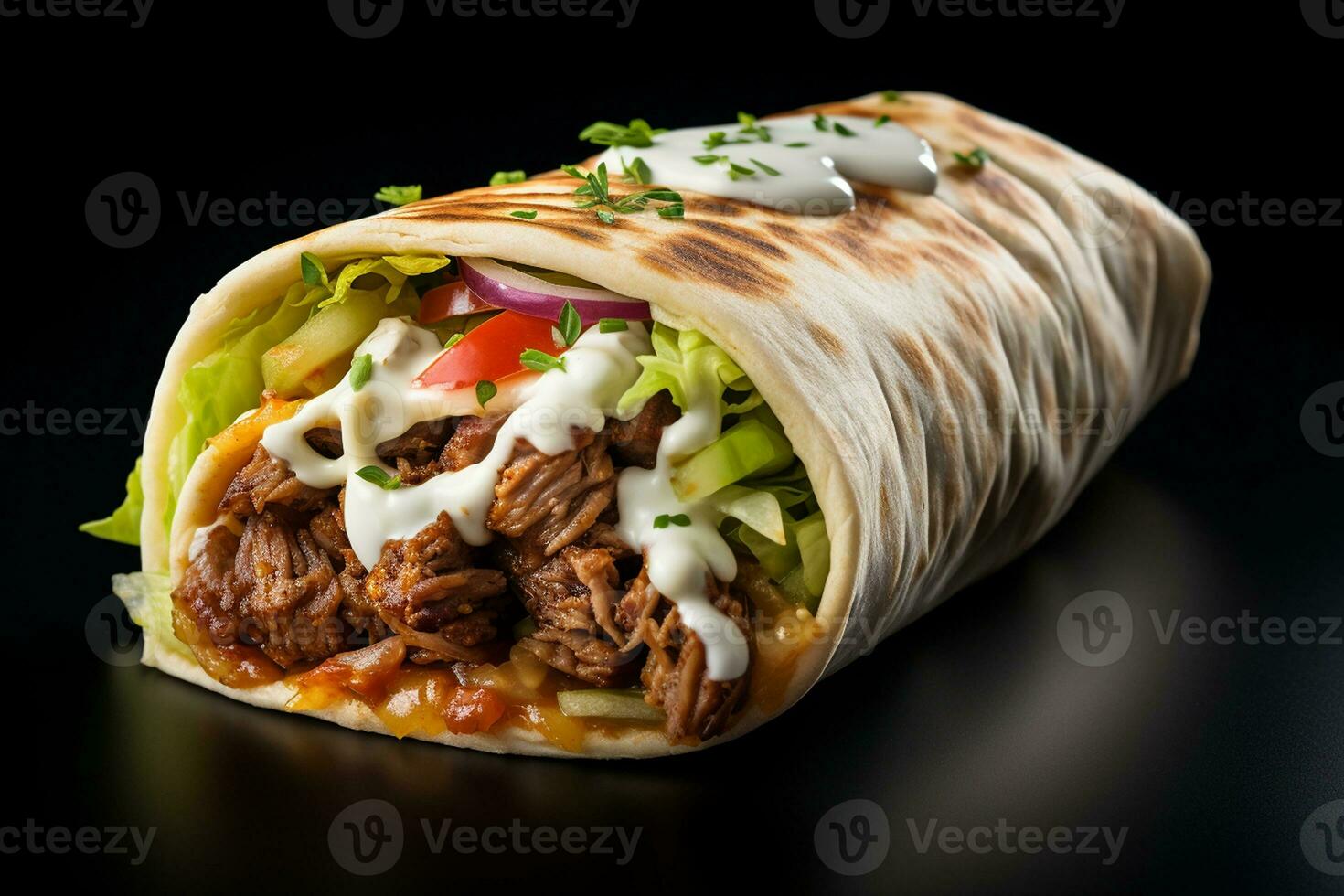 heerlijk doner kebab detailopname Aan een zwart achtergrond. generatief door ai foto