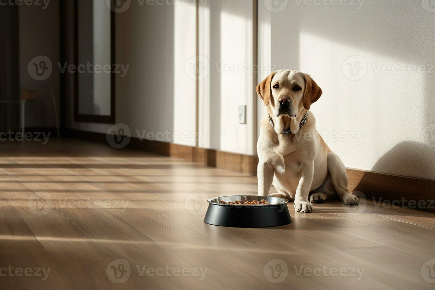 hond en kom van droog voedsel in modern appartement. generatief door ai foto
