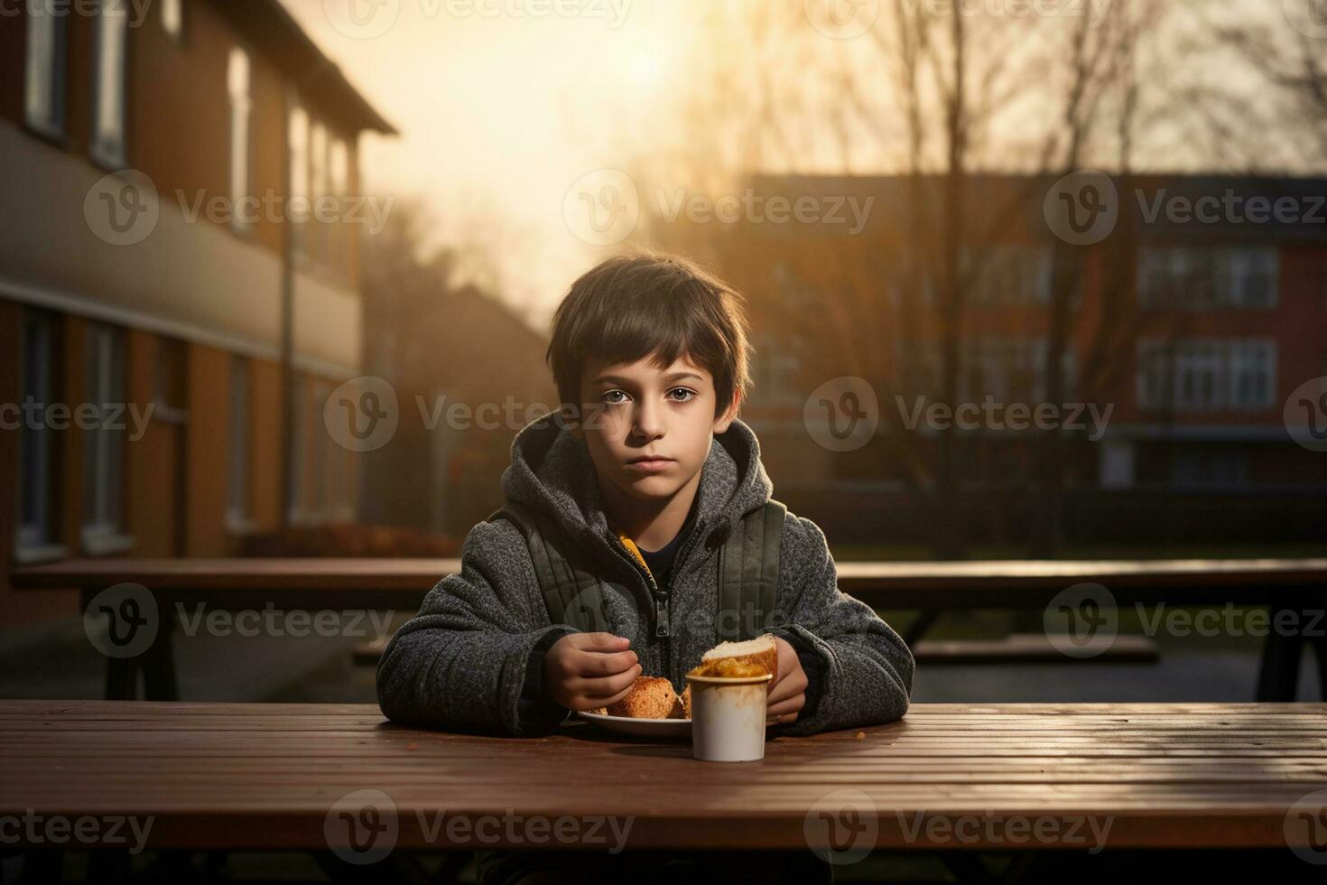 jongen genieten ontbijt in een school- instelling. generatief door ai foto